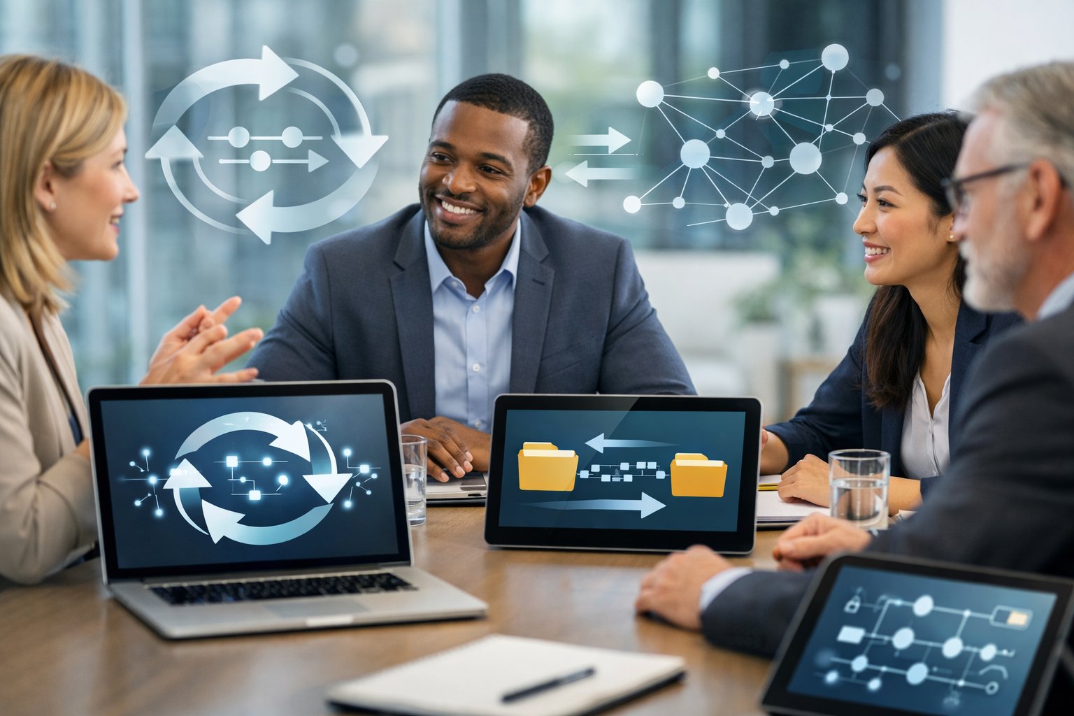 Des professionnels discutant autour d'une table de conférence dans un bureau moderne, avec des appareils numériques affichant des graphiques représentant le transfert et la réversibilité des données.