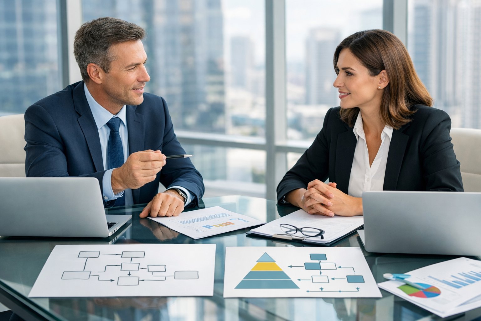 Deux professionnels discutant autour d'une table avec des documents et des ordinateurs dans un bureau moderne.