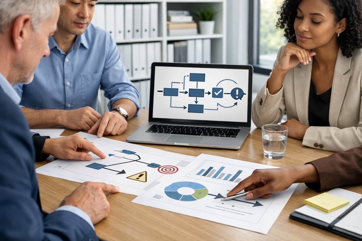 Des professionnels en réunion dans un bureau moderne, discutant autour de documents et d'un ordinateur portable, symbolisant la planification stratégique.