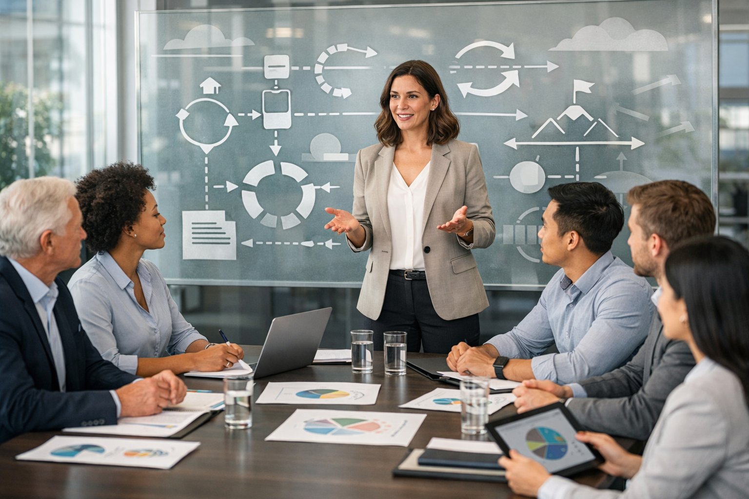 Une réunion professionnelle dans une salle de conférence avec plusieurs personnes autour d'une table, travaillant sur des documents et des ordinateurs portables, discutant d'un plan stratégique.
