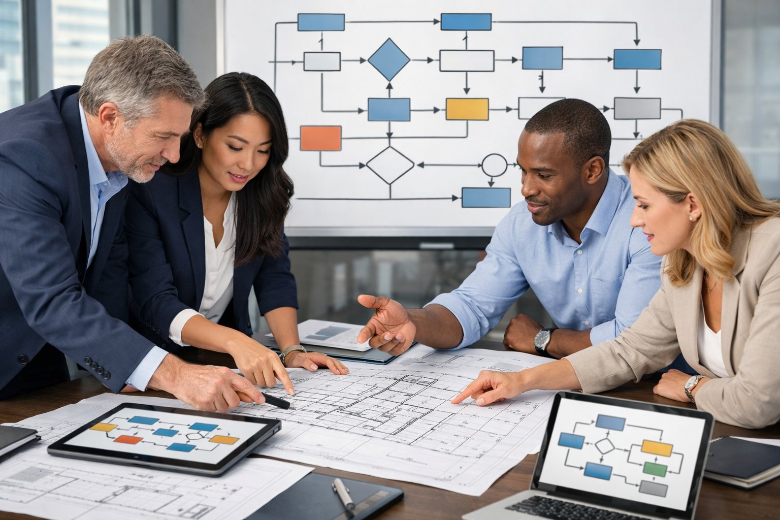 Des professionnels en réunion autour d'une table avec des plans et diagrammes, discutant d'un projet dans un bureau moderne.