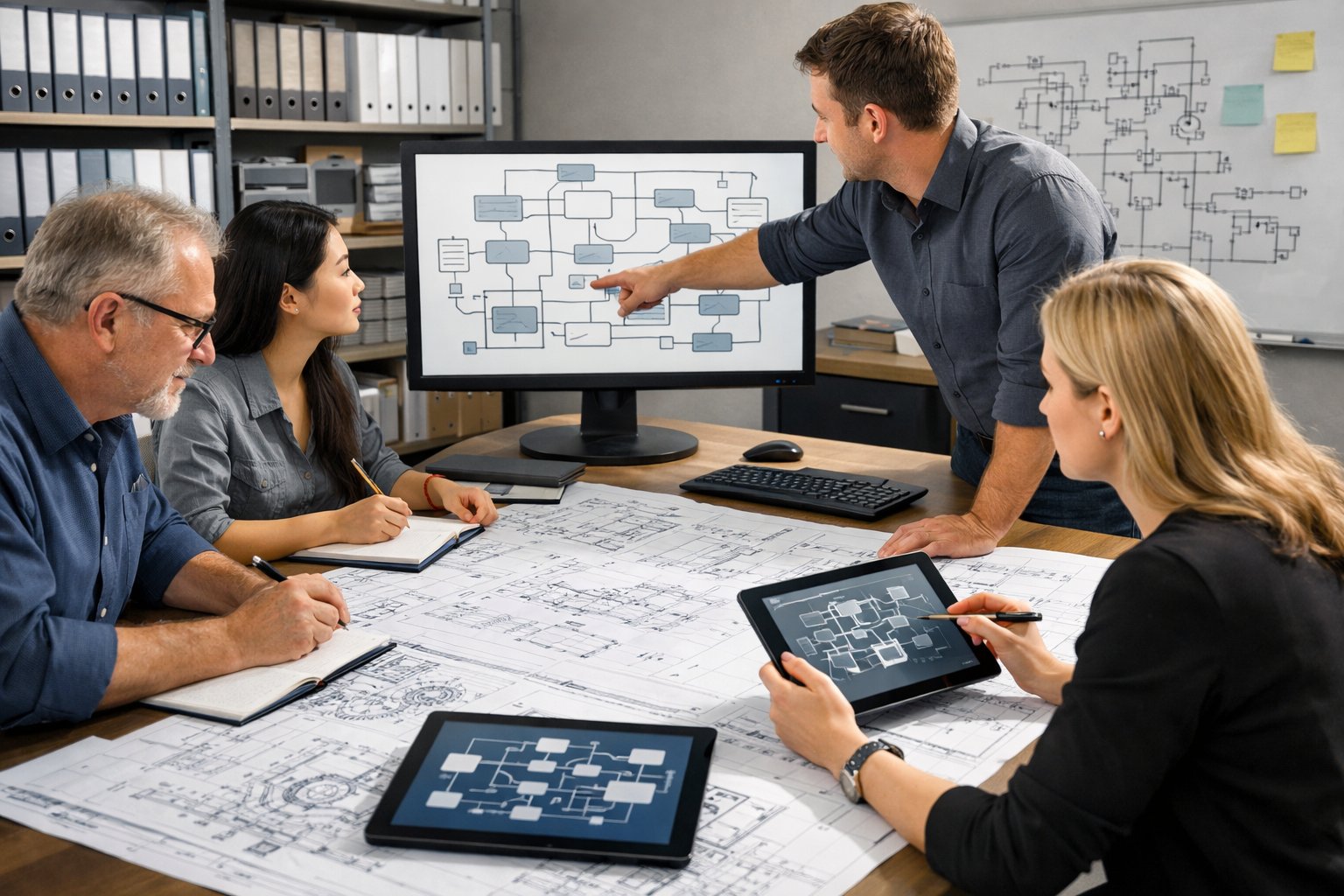 Des professionnels en réunion autour d'une table avec des plans techniques et des écrans, discutant d'un projet dans un bureau moderne.