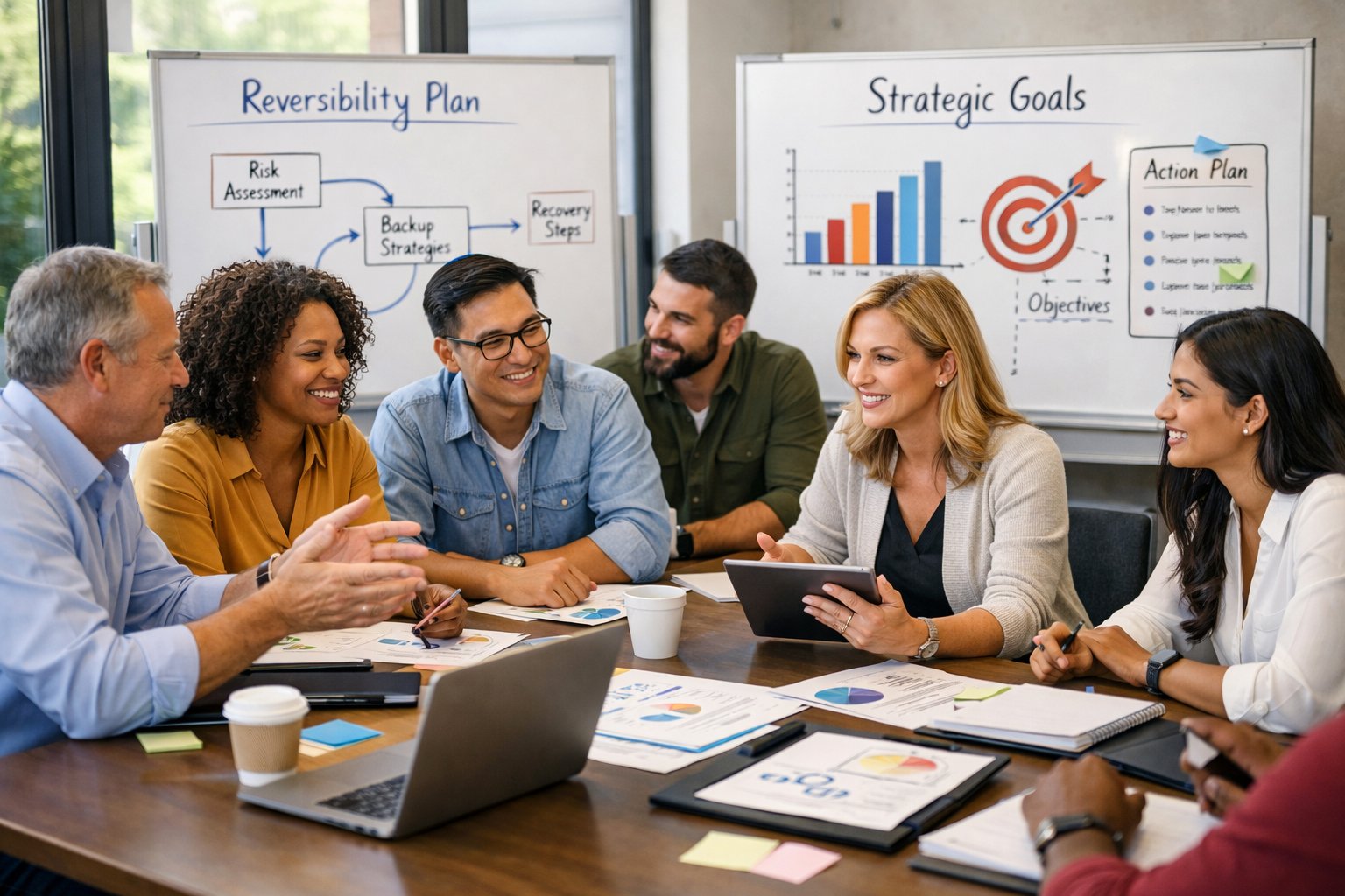Un groupe de professionnels en réunion autour d'une table dans un bureau lumineux, discutant et collaborant sur un plan de projet.