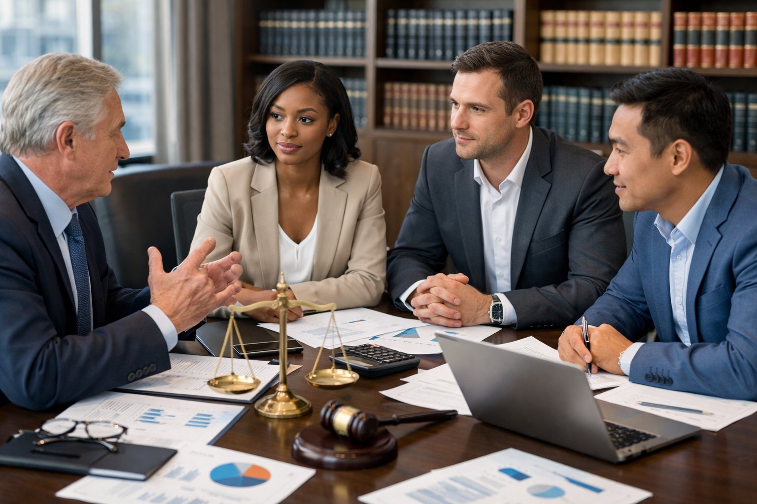 Des professionnels en réunion autour d'une table avec des documents et des ordinateurs dans un bureau moderne.