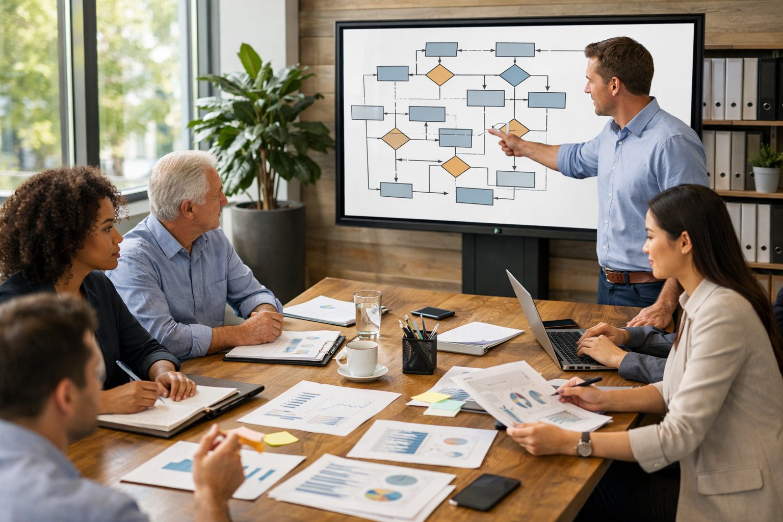Un groupe de professionnels en réunion autour d'une table de travail, examinant des documents et un schéma sur un écran, dans une salle de bureau lumineuse.