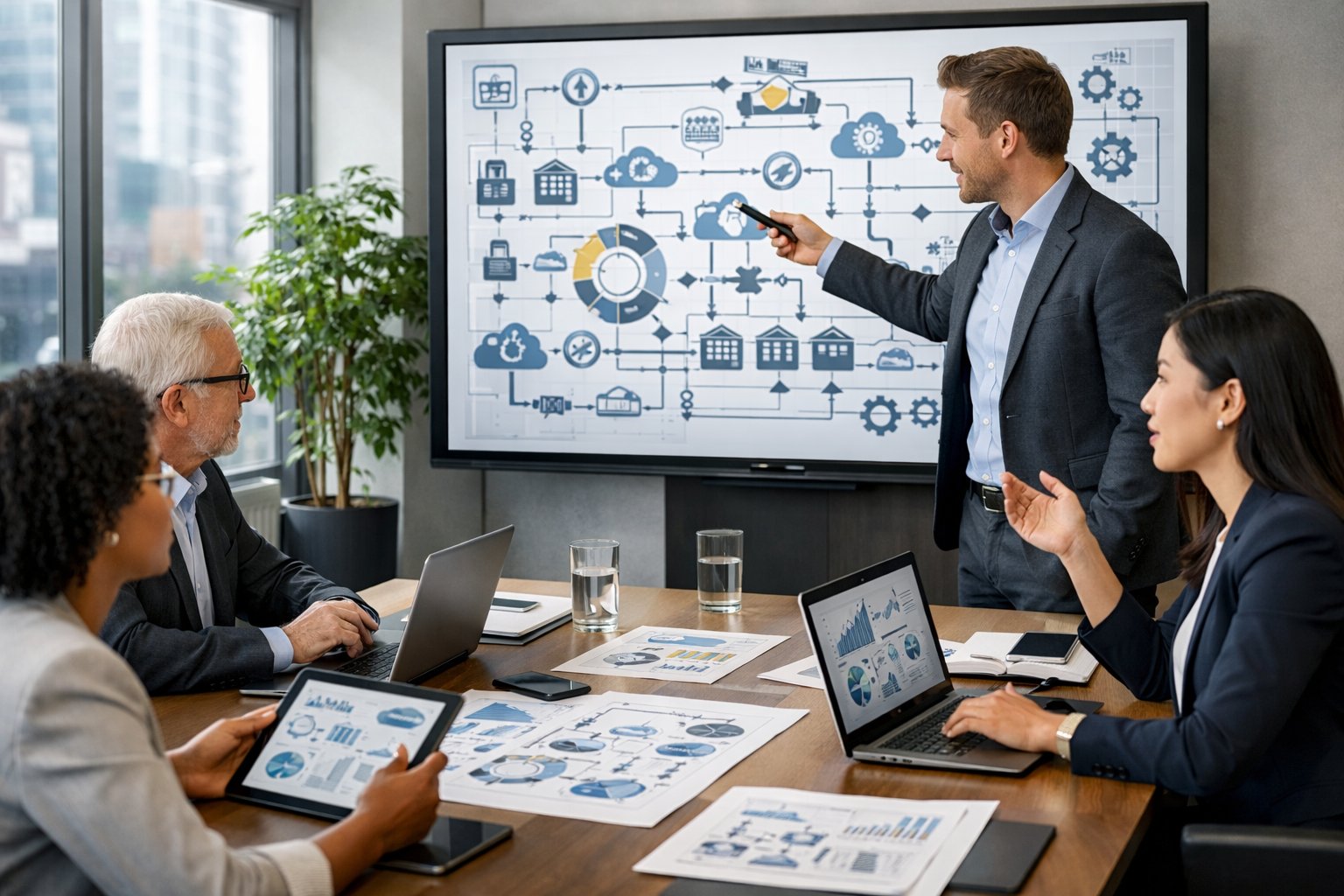 Une équipe de professionnels en réunion autour d'une table de conférence, examinant des documents et un écran numérique avec des diagrammes, dans un bureau moderne lumineux.