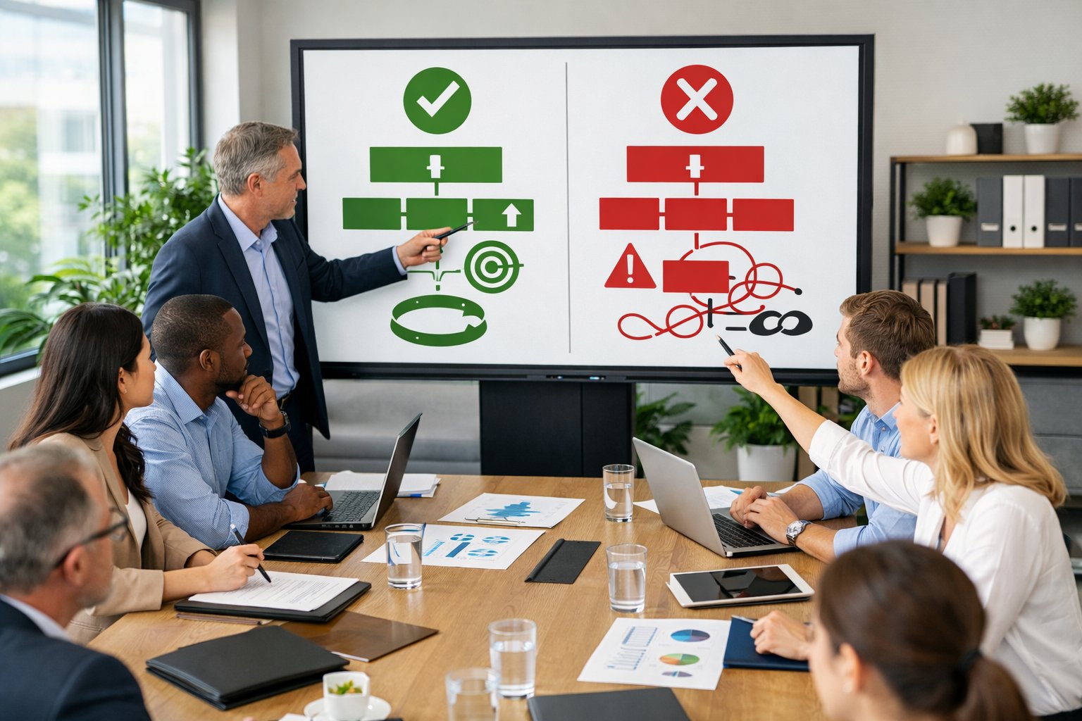 Un groupe de professionnels en réunion autour d'une table de conférence, discutant et examinant des documents et des graphiques dans un bureau moderne et lumineux.