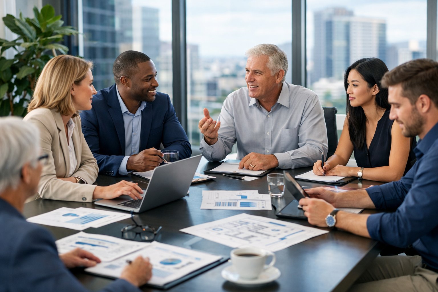 Un groupe de professionnels en réunion autour d'une table dans un bureau moderne, discutant des documents et utilisant des appareils numériques.