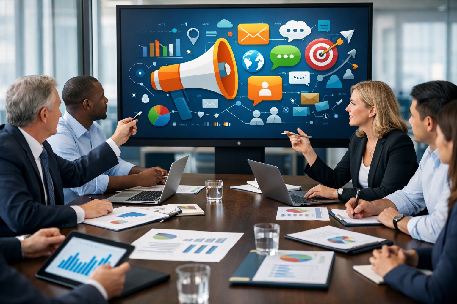 Un groupe de professionnels en réunion autour d'une table de conférence, discutant et analysant des documents et graphiques liés à la publicité dans les marchés publics.