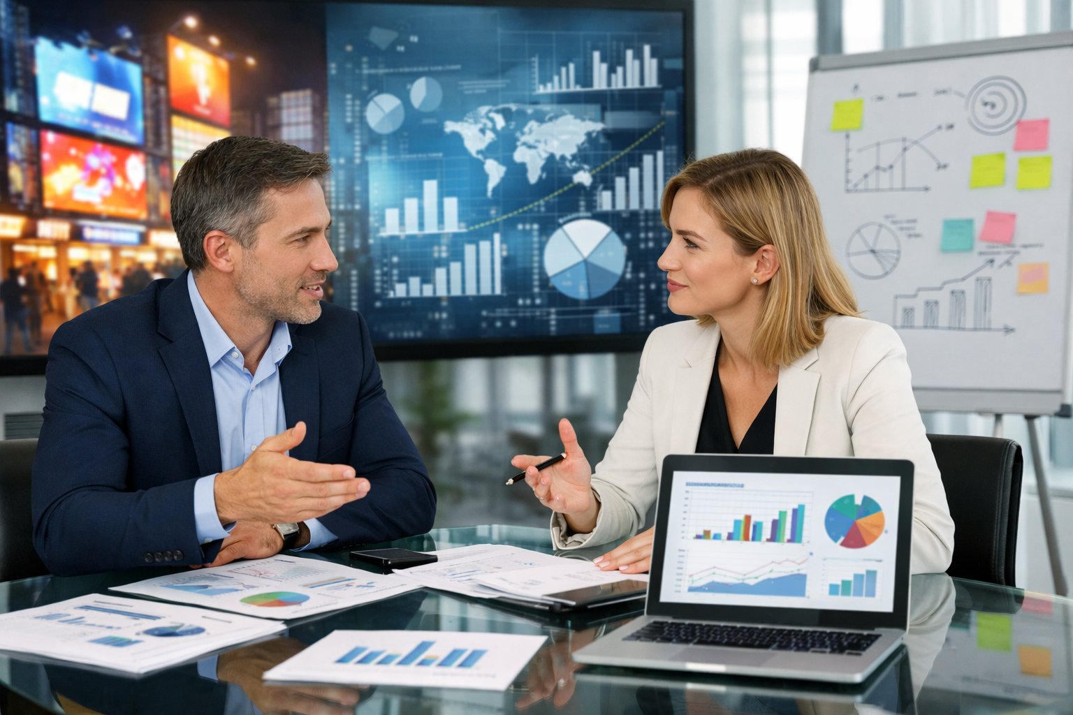 Deux professionnels en réunion dans un bureau moderne, discutant de stratégies publicitaires avec des documents et un ordinateur portable sur la table.