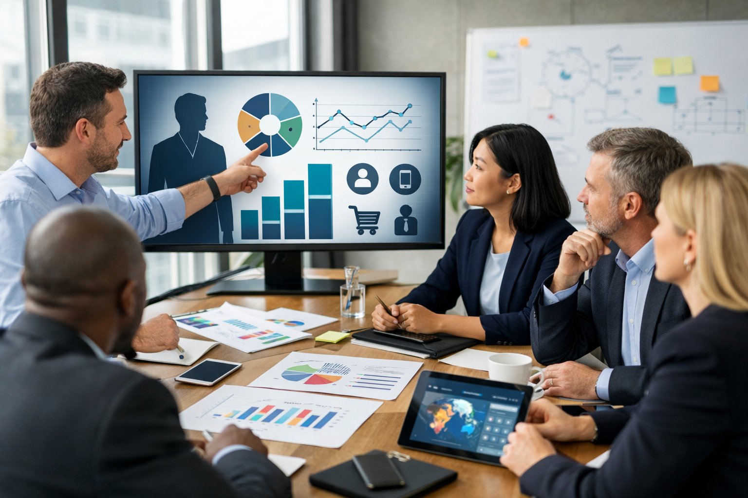 Un groupe de professionnels en réunion dans une salle de conférence moderne, discutant de stratégies publicitaires adaptées.