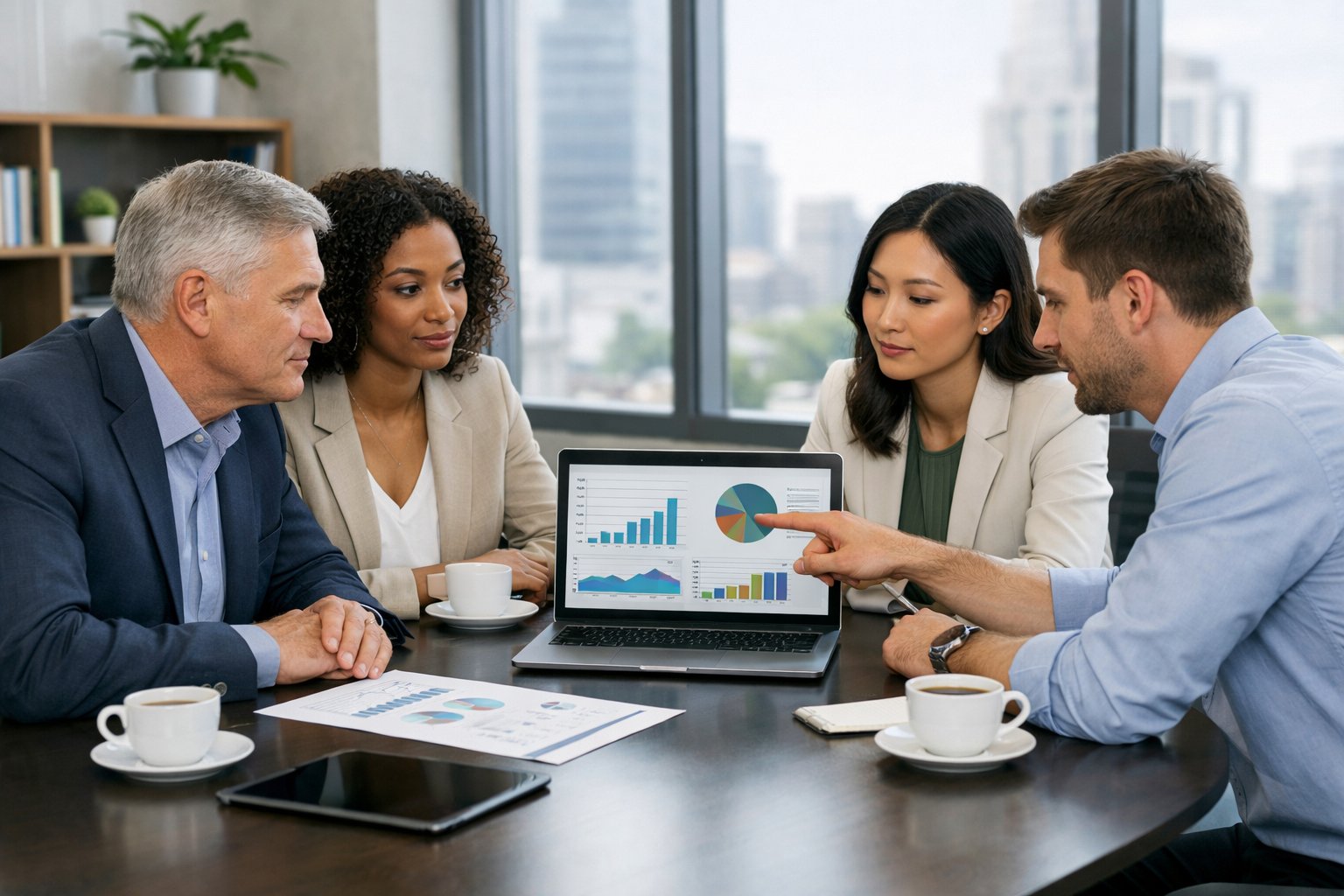 Quatre professionnels discutent autour d'une table de réunion dans un bureau lumineux, examinant des graphiques sur un ordinateur portable.
