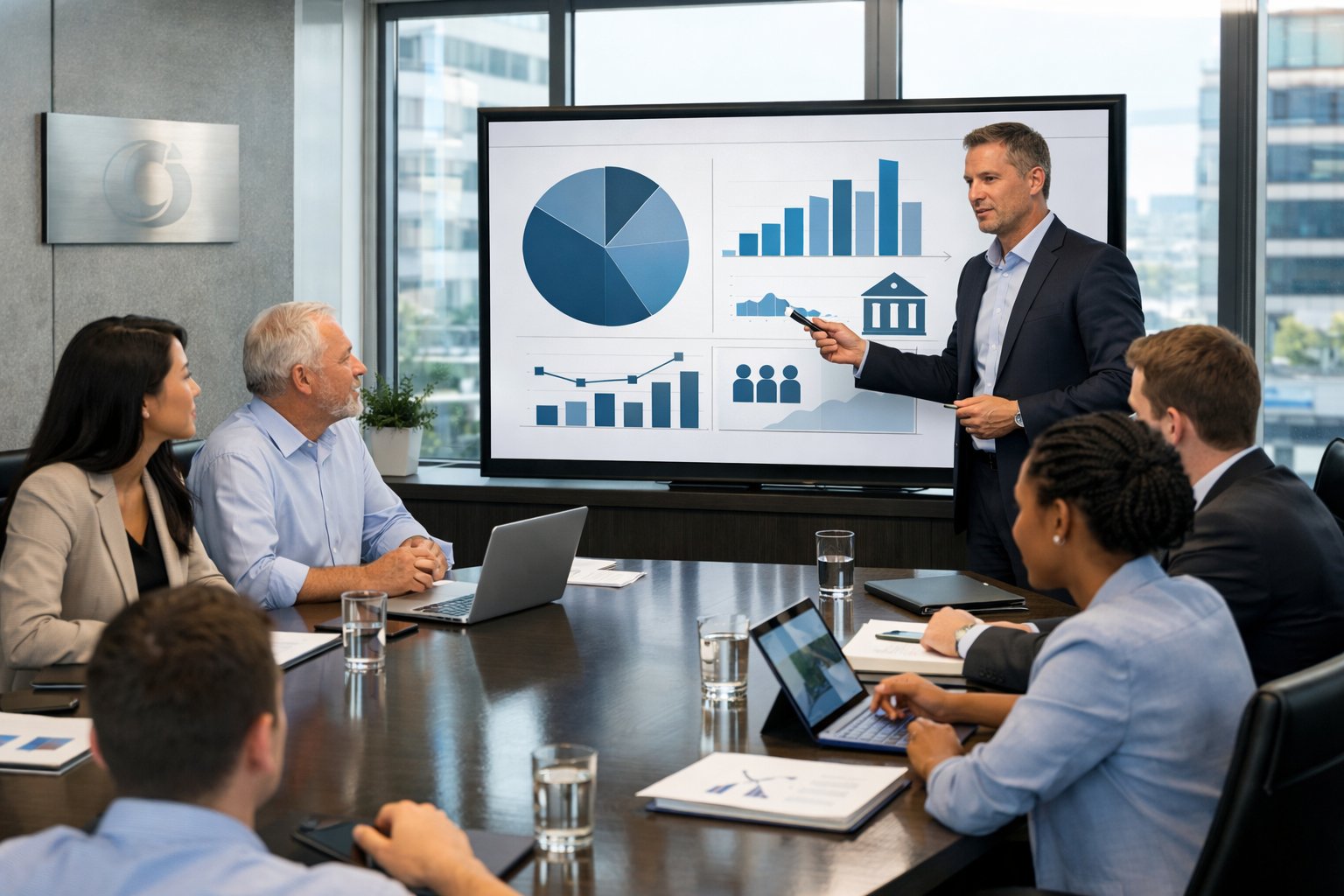 Des professionnels en réunion autour d'une table de conférence discutant de stratégies publicitaires dans un bureau moderne.