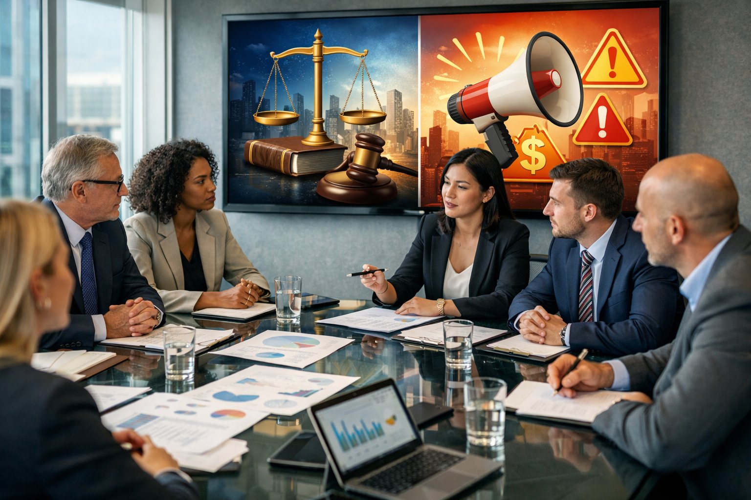 Des professionnels en réunion dans une salle de conférence moderne, discutant autour d'une table avec des documents et des appareils numériques.