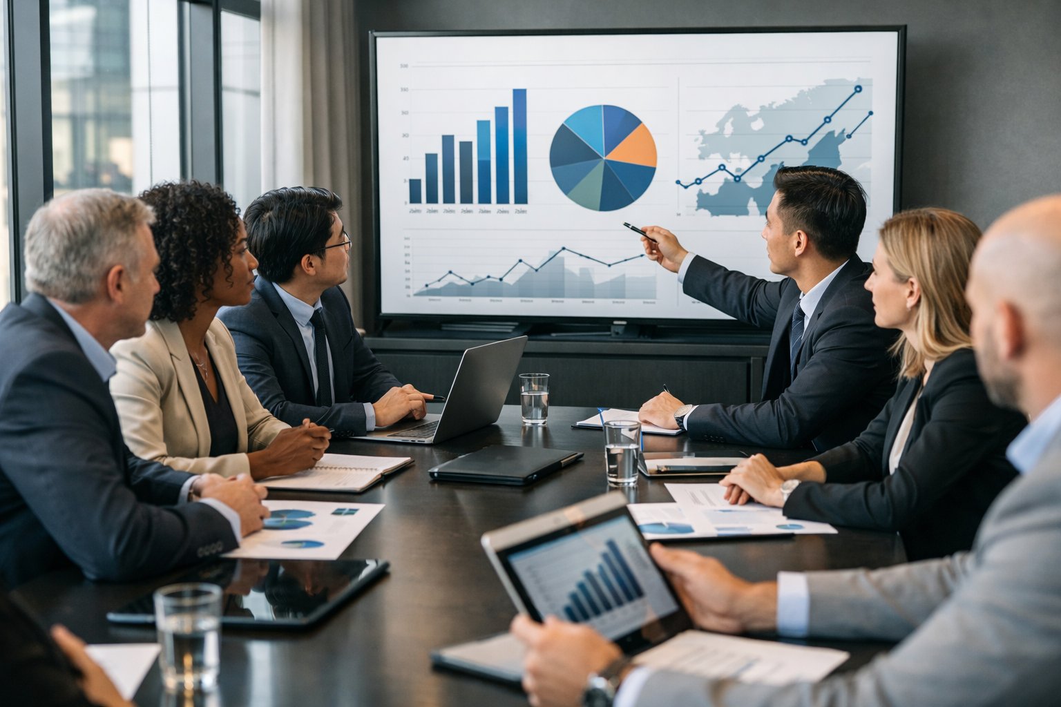 Un groupe de professionnels en réunion autour d'une table, discutant de stratégies publicitaires dans un bureau moderne.