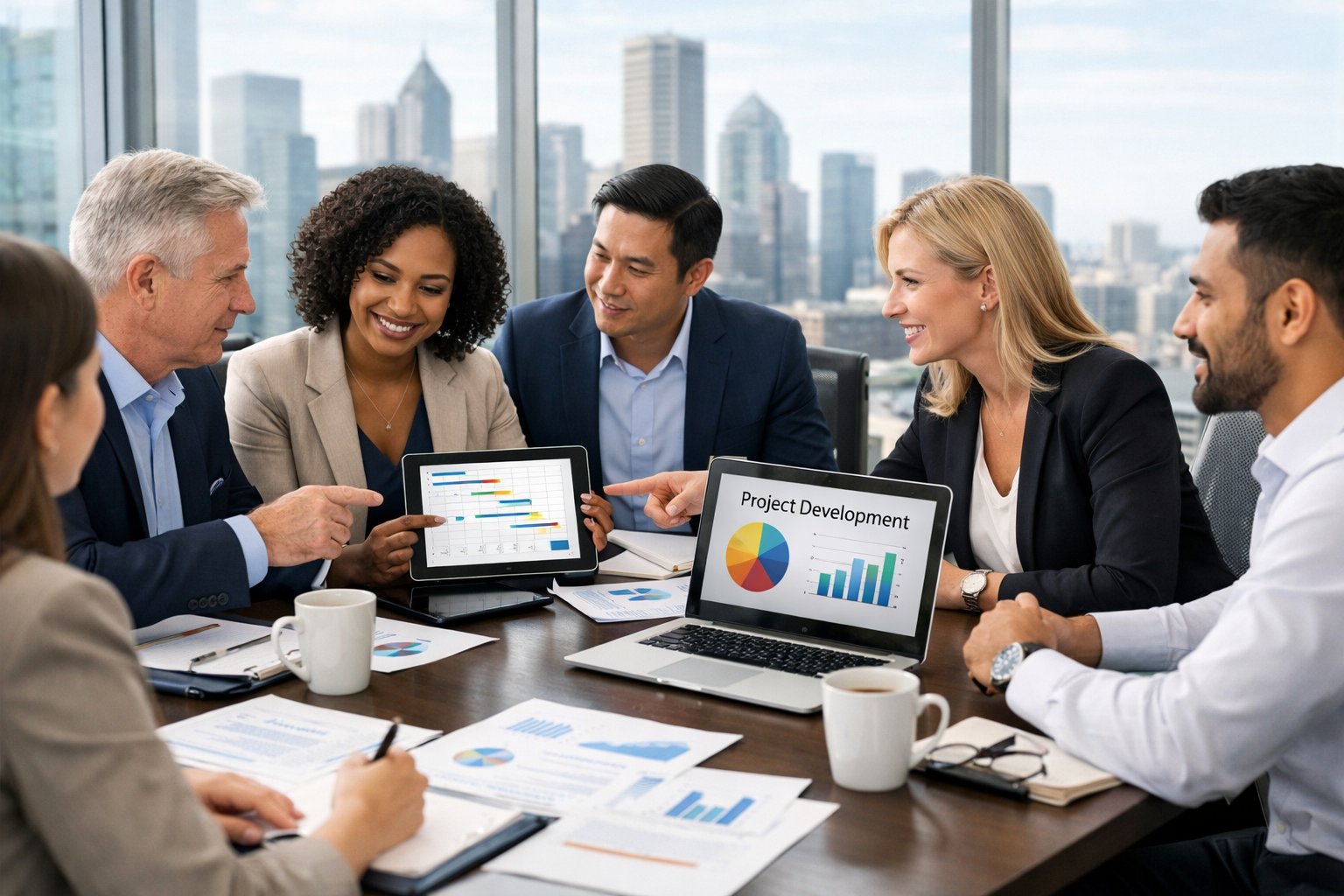 Un groupe de professionnels en réunion autour d'une table de conférence, discutant de plans de projet dans un bureau moderne avec vue sur la ville.