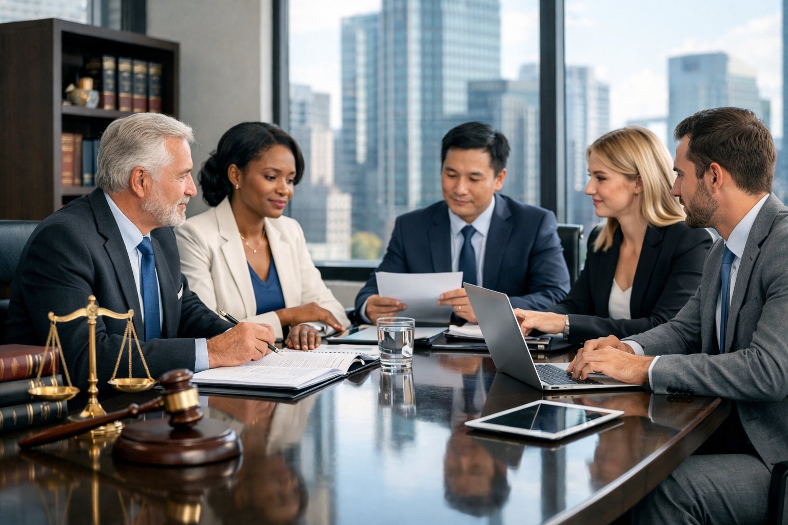 Un groupe de professionnels en réunion dans une salle de conférence moderne avec des documents et des appareils numériques, symbolisant le cadre juridique d'une société de projet.