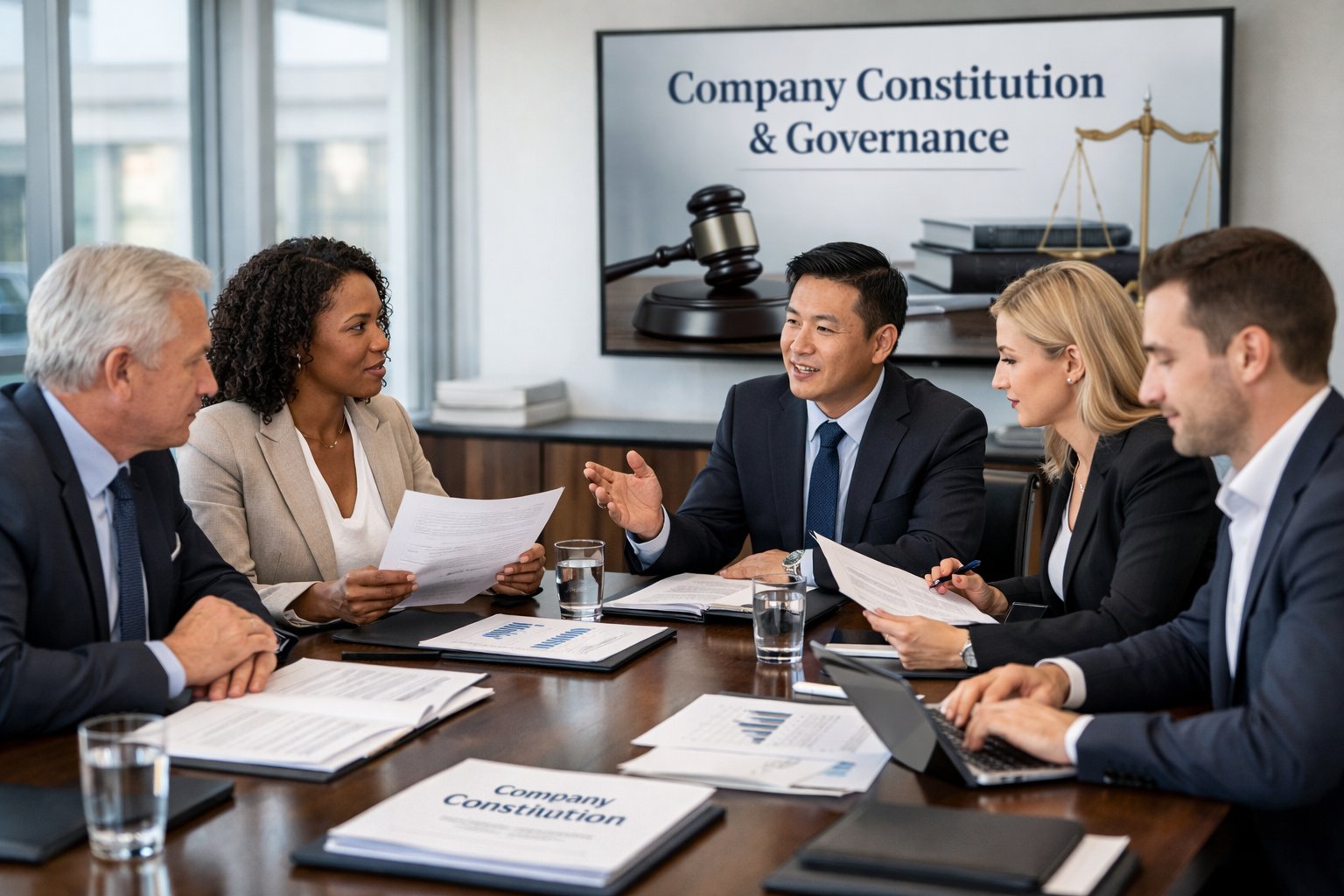 Un groupe de professionnels en réunion autour d'une grande table dans une salle de conférence moderne, discutant et examinant des documents.