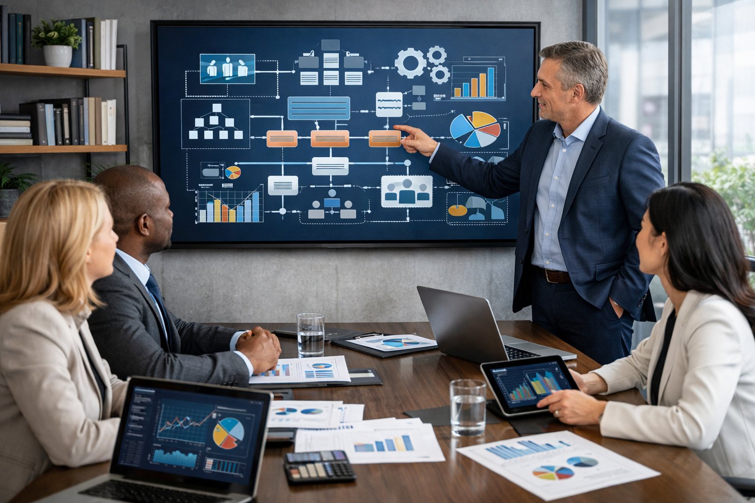 Un groupe de professionnels en réunion autour d'une table de conférence, examinant des documents financiers et des graphiques dans un bureau moderne lumineux.