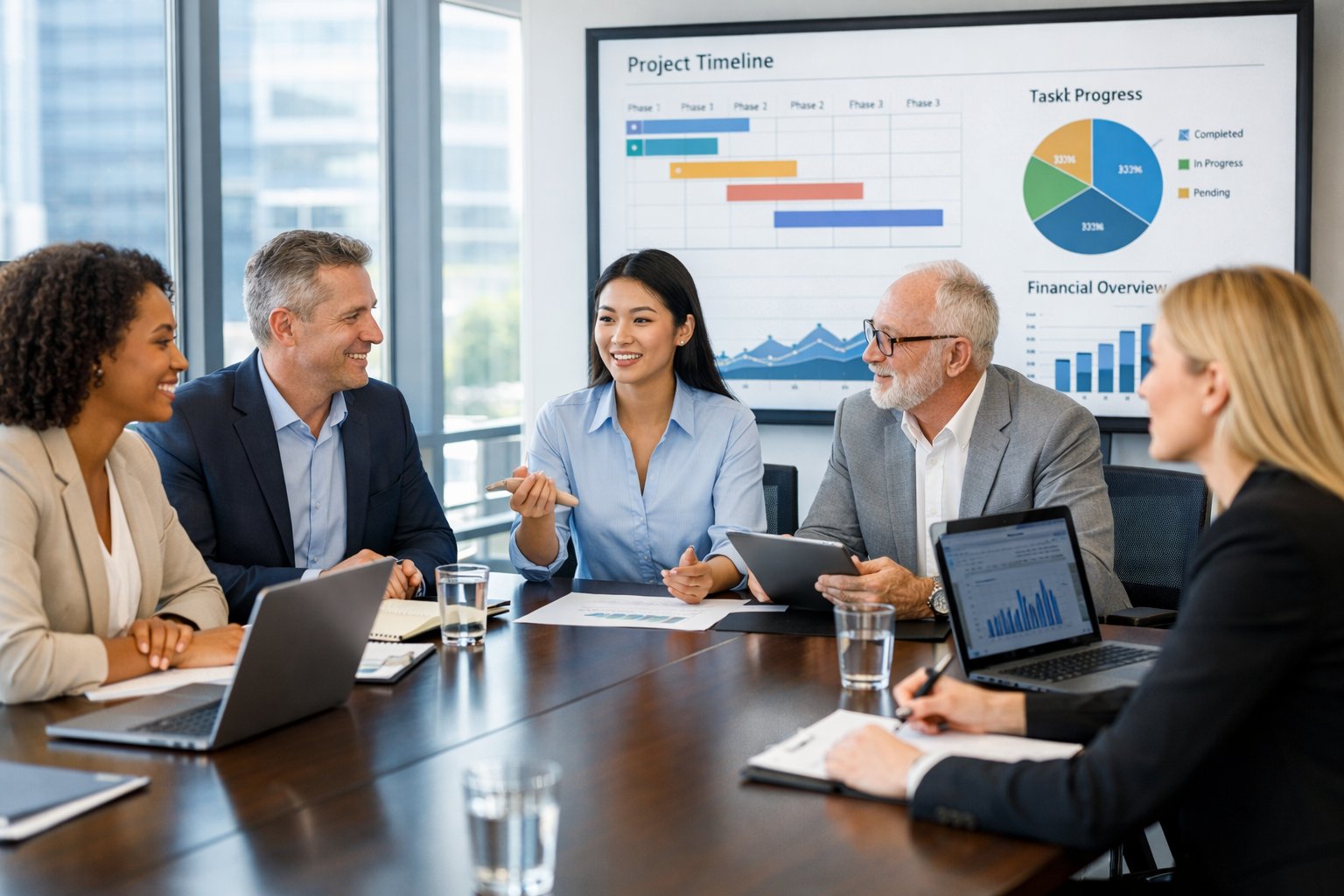 Un groupe de professionnels en réunion autour d'une table de conférence discutant de projets d'entreprise.