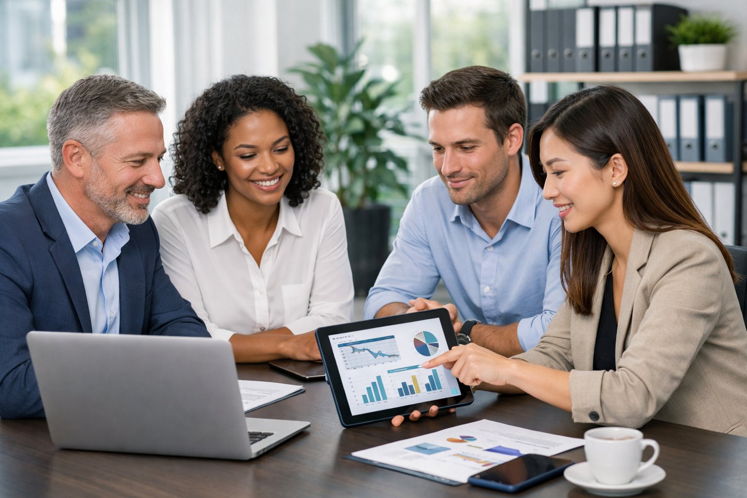 Quatre professionnels discutant autour d'une table de conférence dans un bureau moderne, en train de collaborer sur un projet.