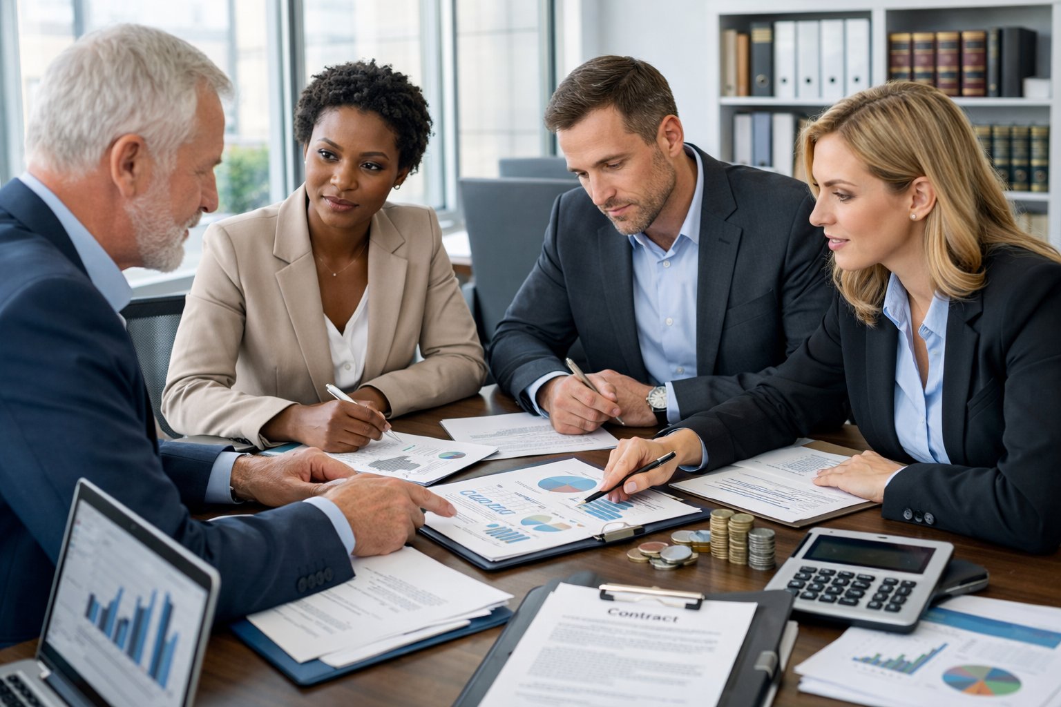 Un groupe de professionnels en réunion dans un bureau moderne, discutant autour d'une table avec des documents et des ordinateurs portables.