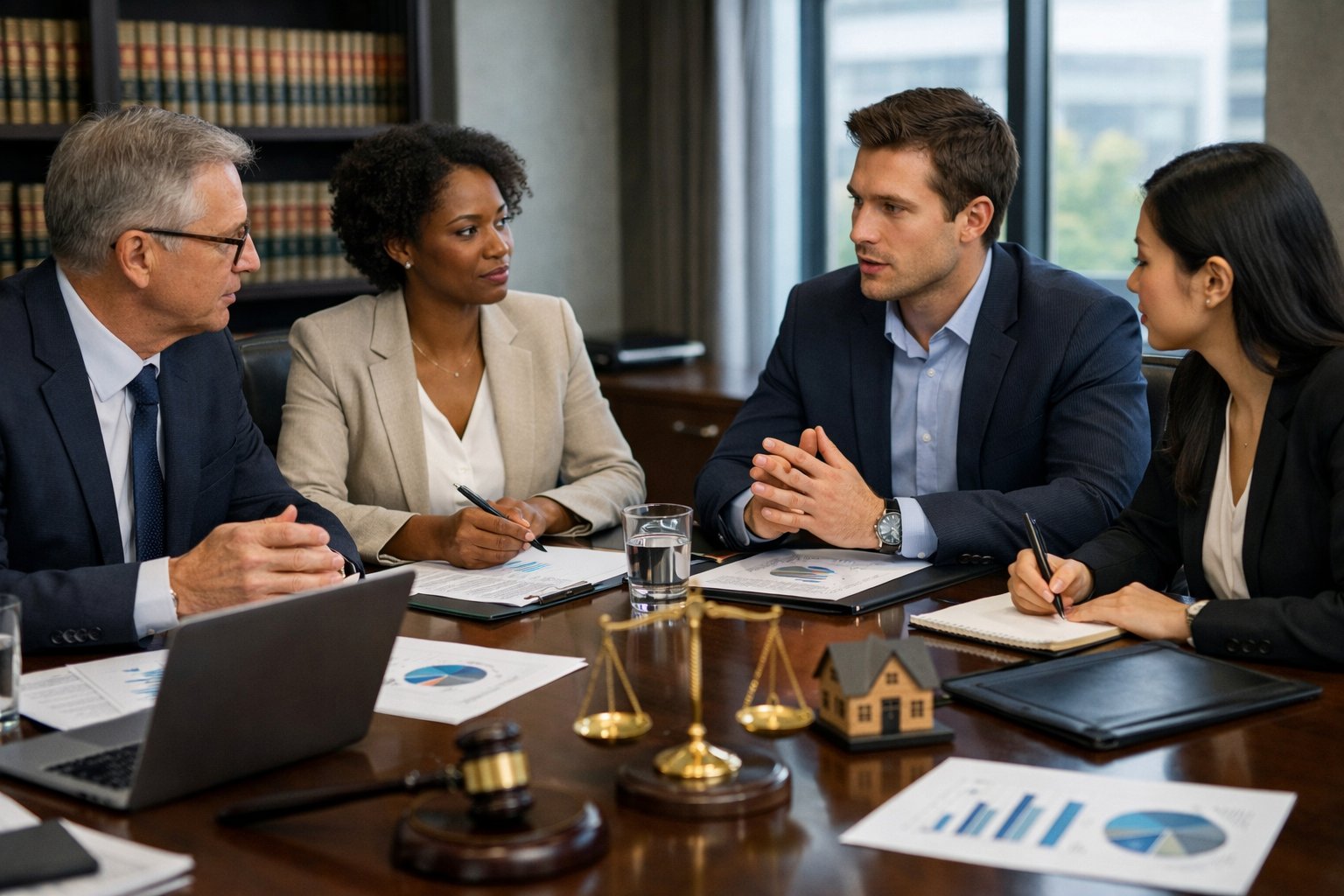 Un groupe de professionnels en réunion autour d'une table de conférence avec des documents et des ordinateurs dans un bureau moderne.