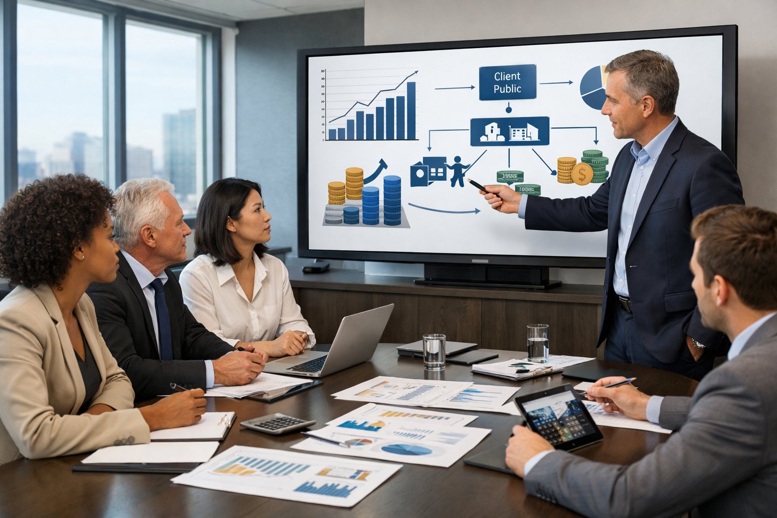 Un groupe de professionnels en réunion dans un bureau moderne, discutant de contrats et de gestion de projets liés aux marchés publics.