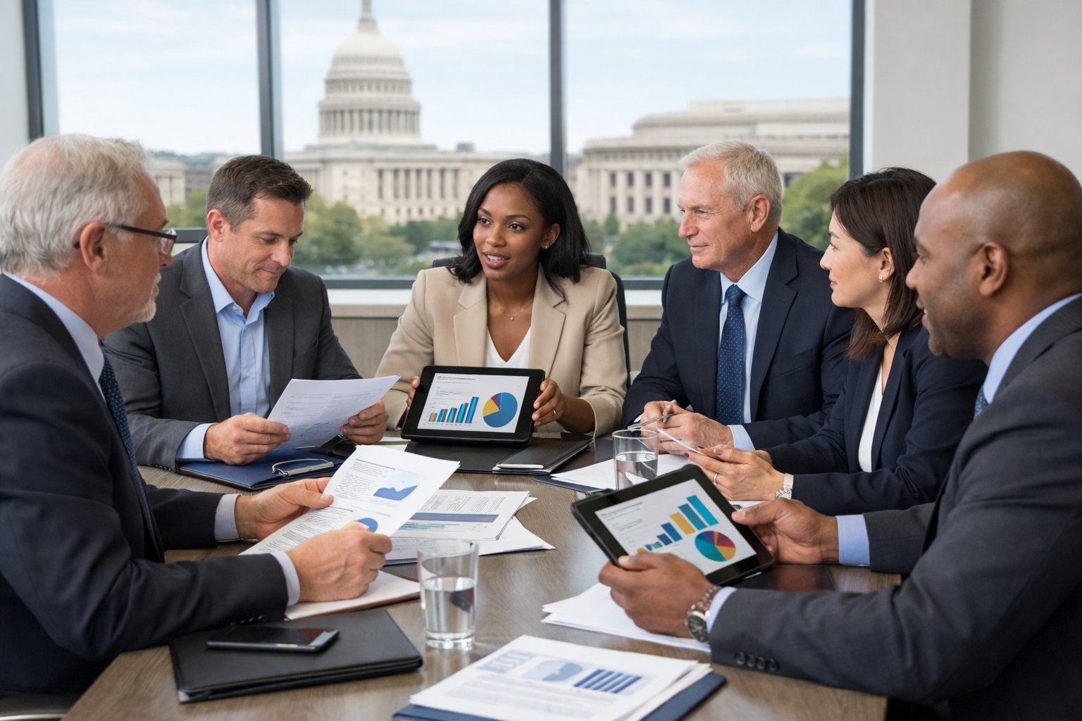 Un groupe de professionnels en réunion autour d'une table de conférence, discutant de documents dans un bureau lumineux avec une vue sur des bâtiments gouvernementaux.