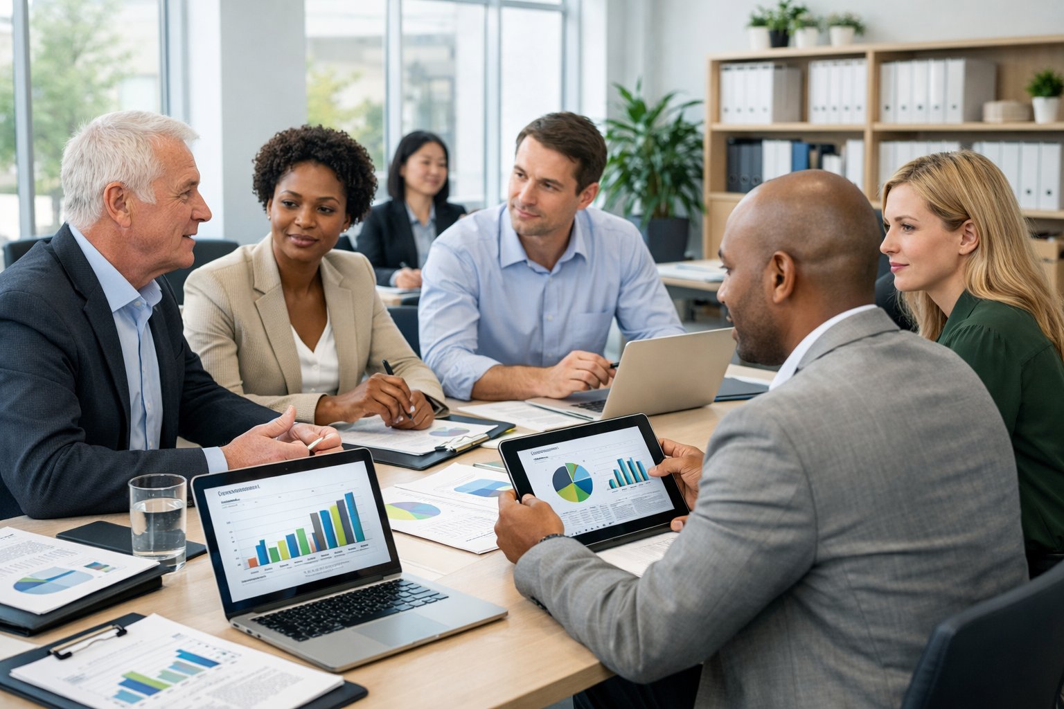 Un groupe de professionnels en réunion dans un bureau lumineux, discutant de documents et travaillant ensemble autour d'une grande table.