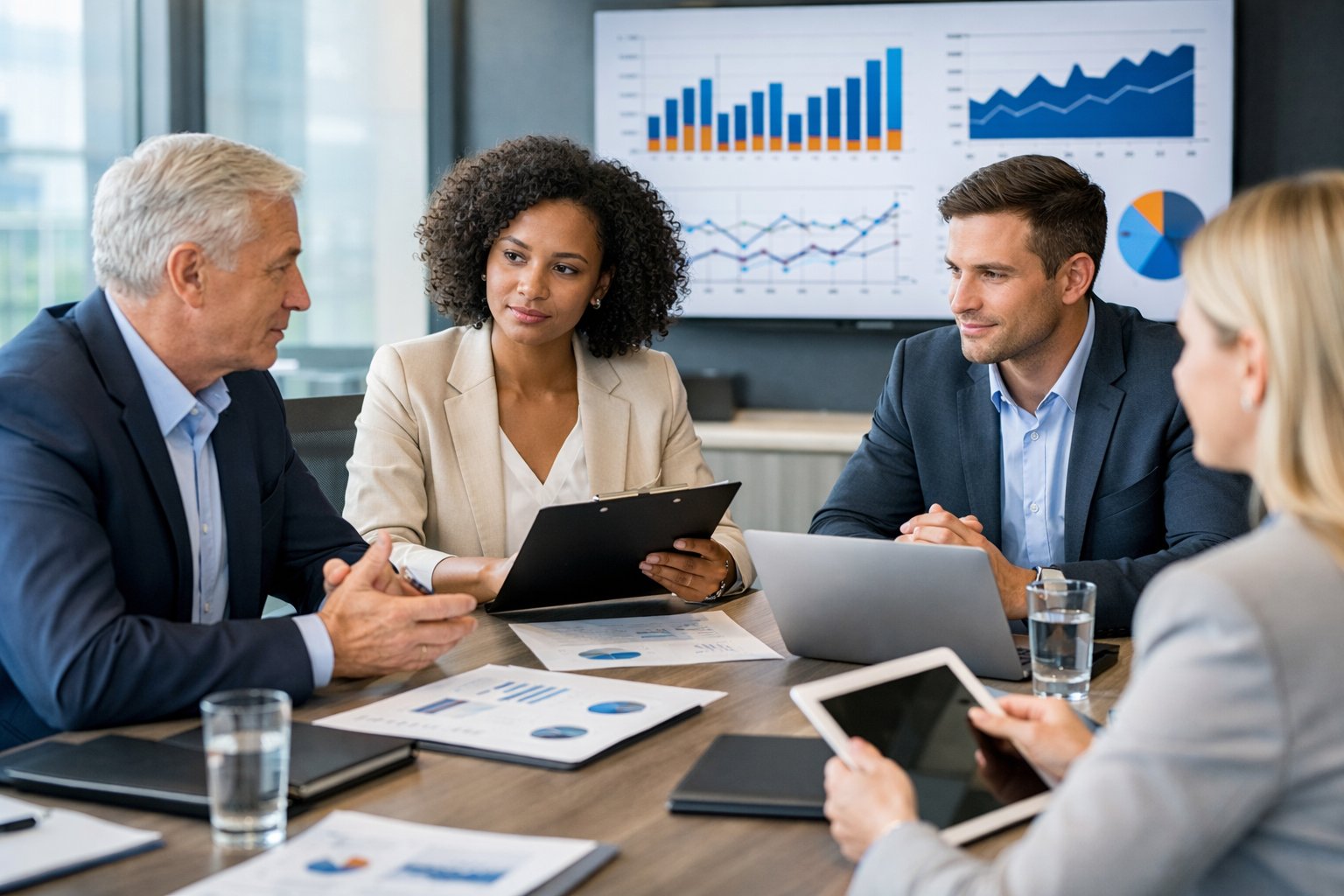 Un groupe de professionnels en réunion autour d'une table de conférence avec des documents et des écrans montrant des graphiques financiers.