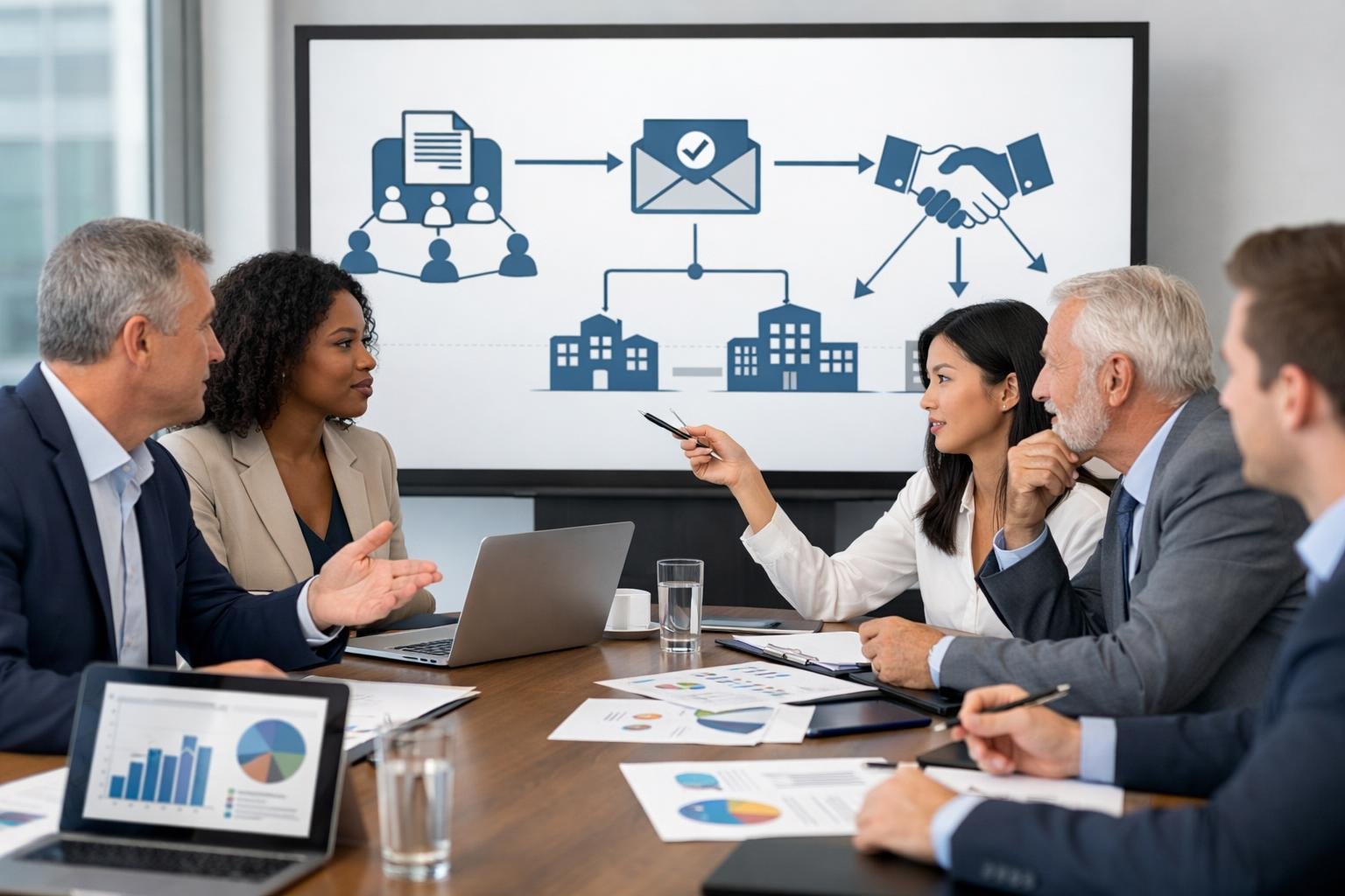 Un groupe de professionnels en réunion autour d'une table avec des documents et des écrans montrant des diagrammes liés aux marchés publics.