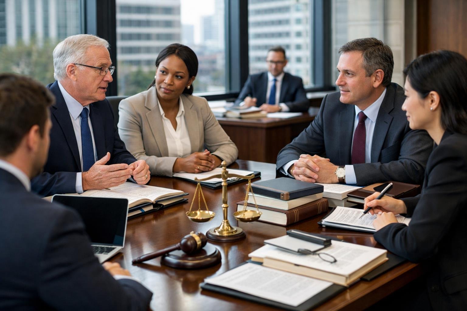 Des professionnels en réunion autour d'une table de conférence avec des documents et des ordinateurs dans un bureau moderne.