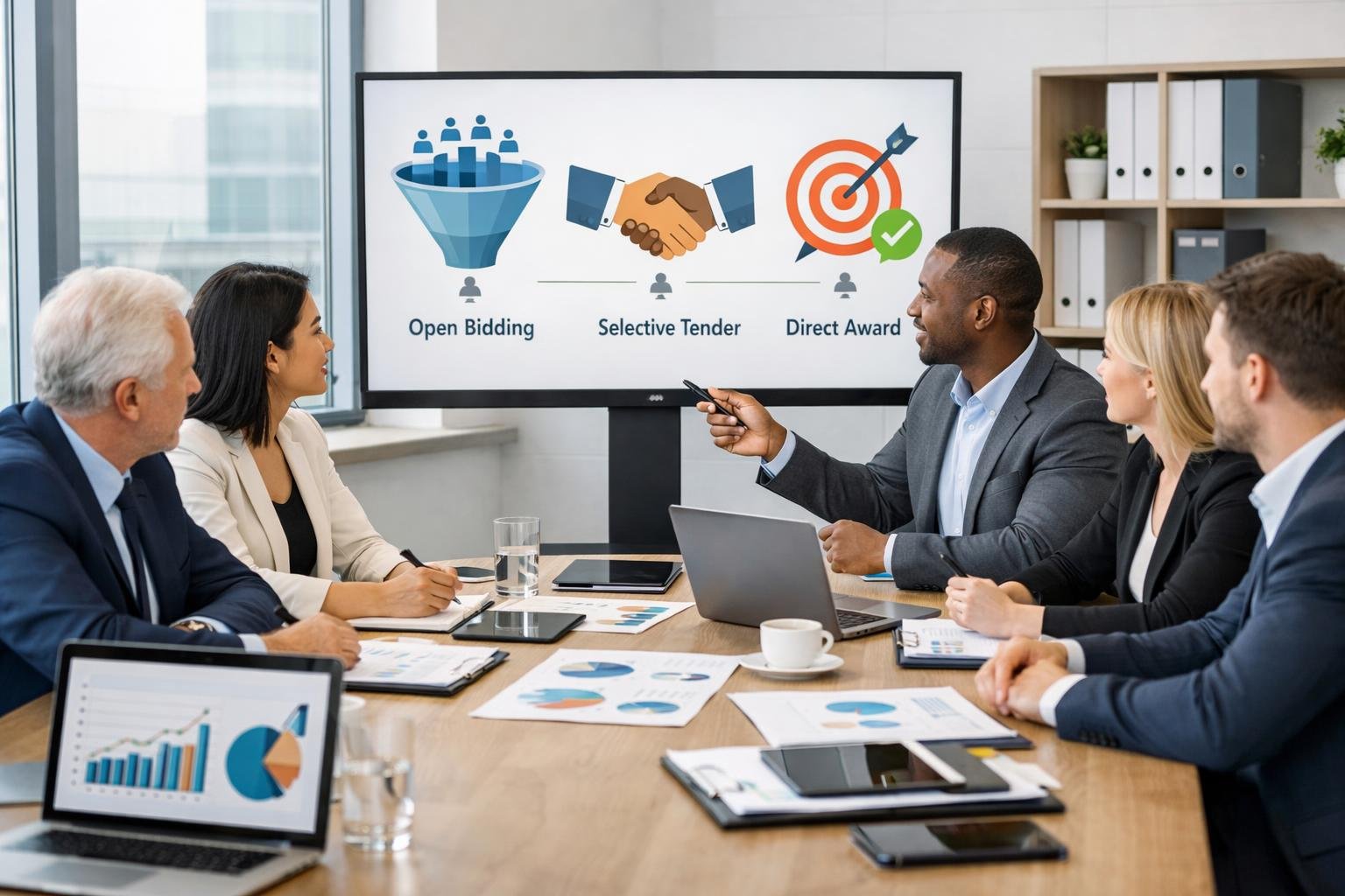 Un groupe de professionnels en réunion autour d'une table de conférence avec des documents et des écrans montrant des graphiques liés aux marchés publics.
