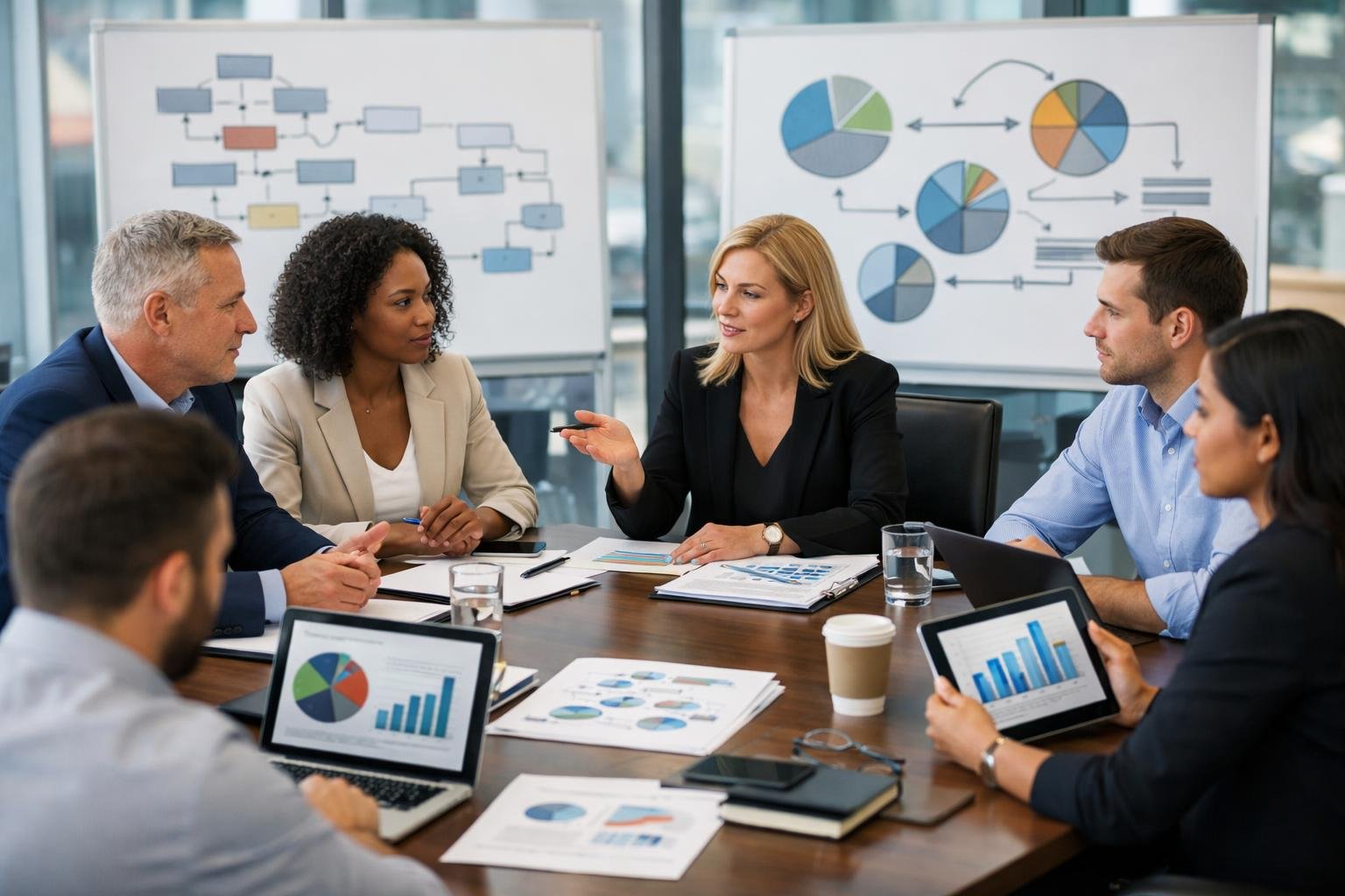 Un groupe de professionnels en réunion autour d'une table de conférence avec des documents et des appareils numériques, discutant des méthodes de dévolution des marchés publics dans un bureau moderne et lumineux.