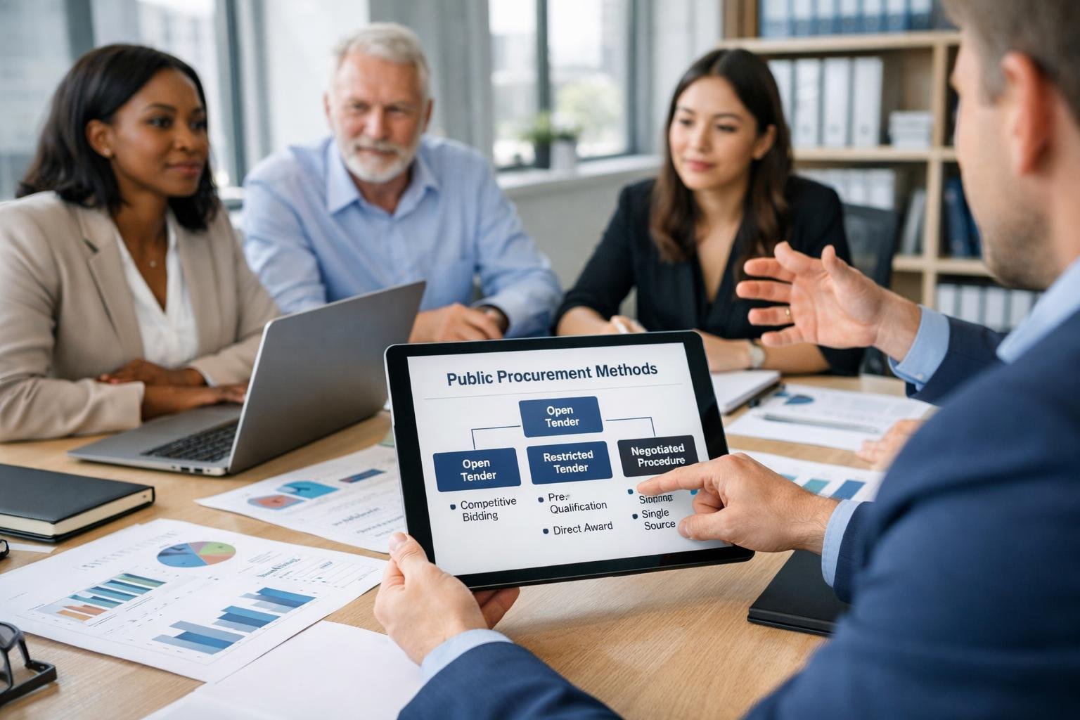 Un groupe de professionnels en réunion autour d'une table de conférence avec des documents et des appareils numériques, discutant de méthodes de dévolution.