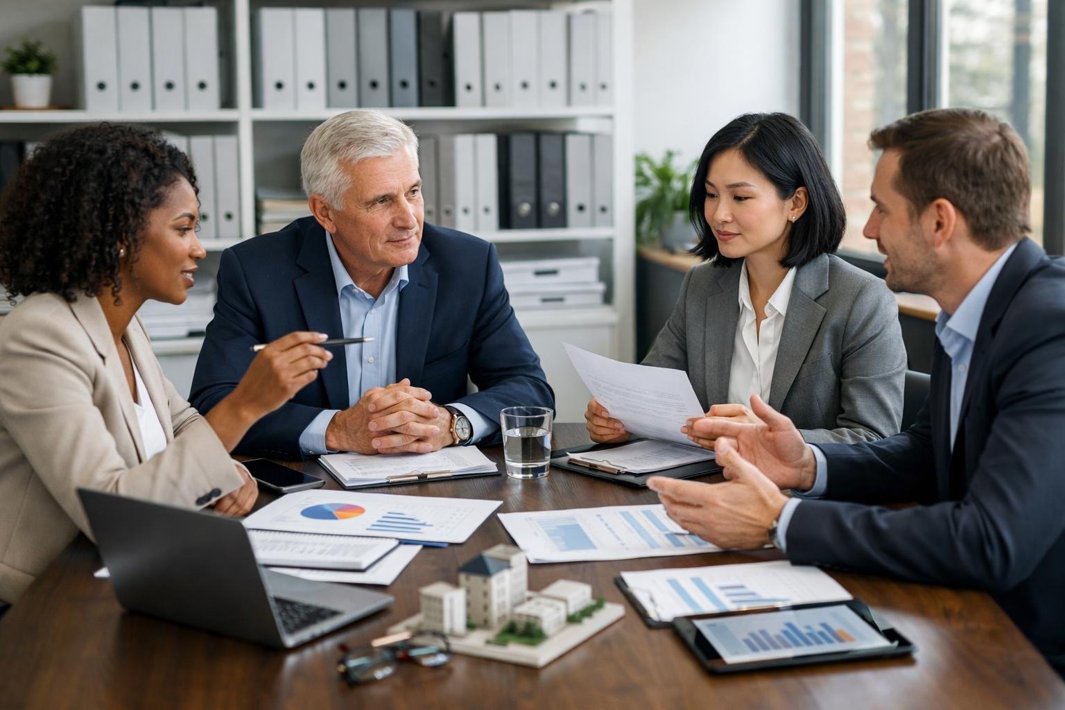 Des professionnels en réunion autour d'une table de conférence, discutant de documents dans un bureau moderne lumineux.
