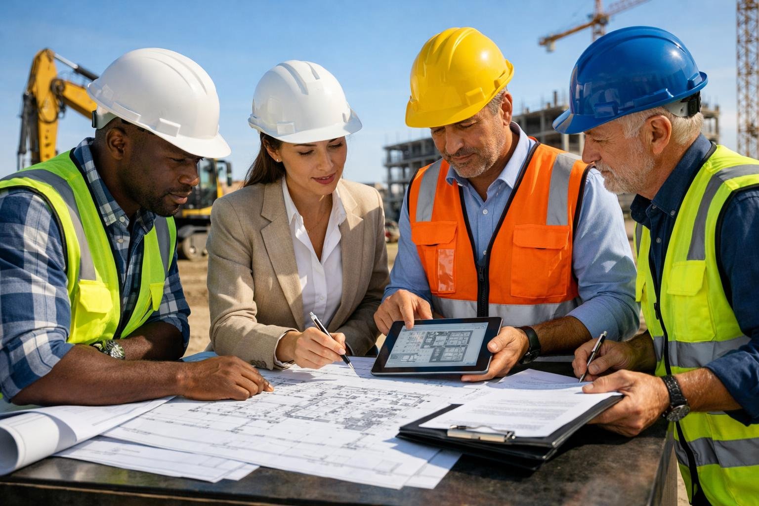 Un groupe de professionnels en réunion sur un chantier de construction, examinant des plans et des documents sous un ciel clair.