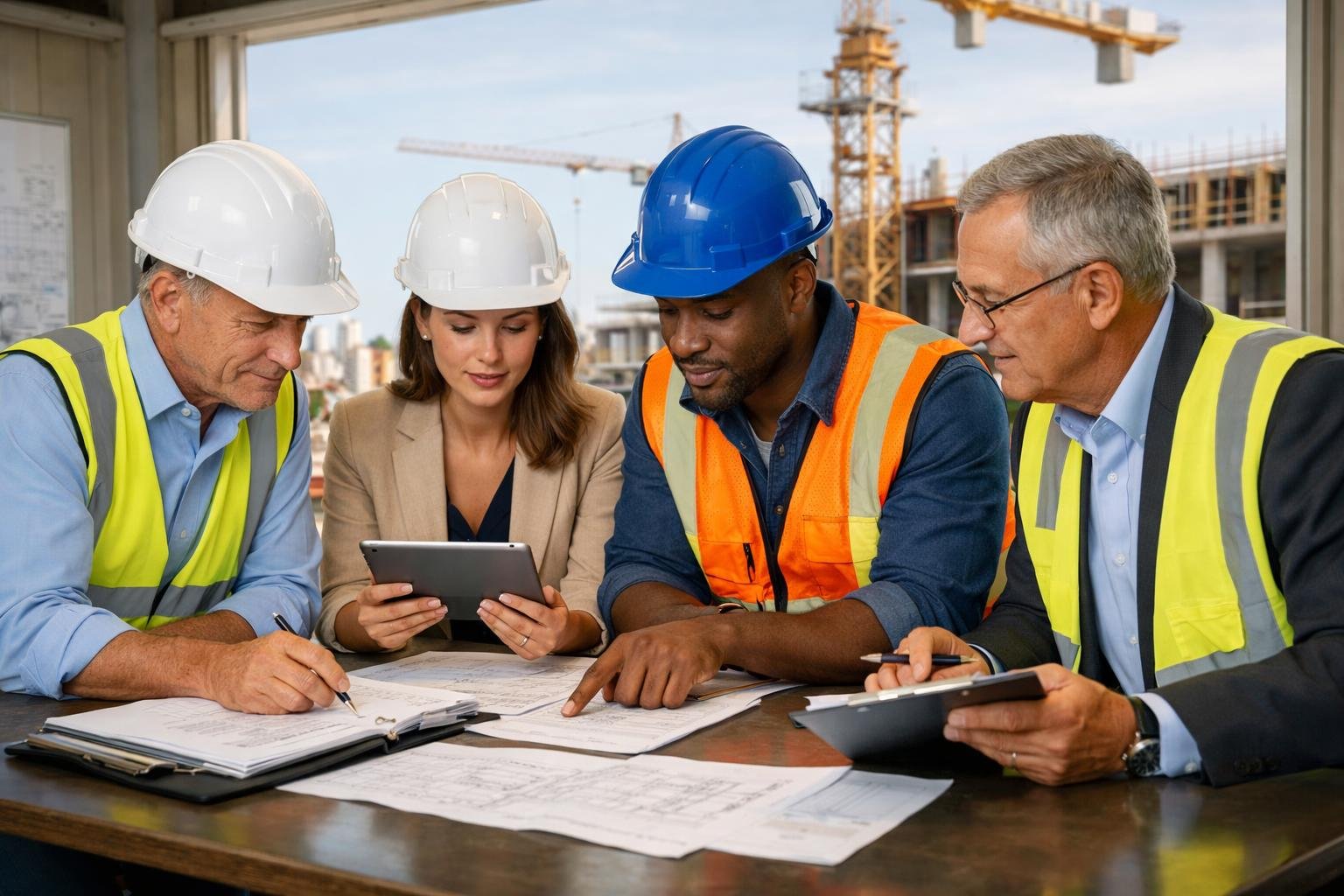 Un groupe de professionnels de la construction discutant autour d'une table sur un chantier actif.
