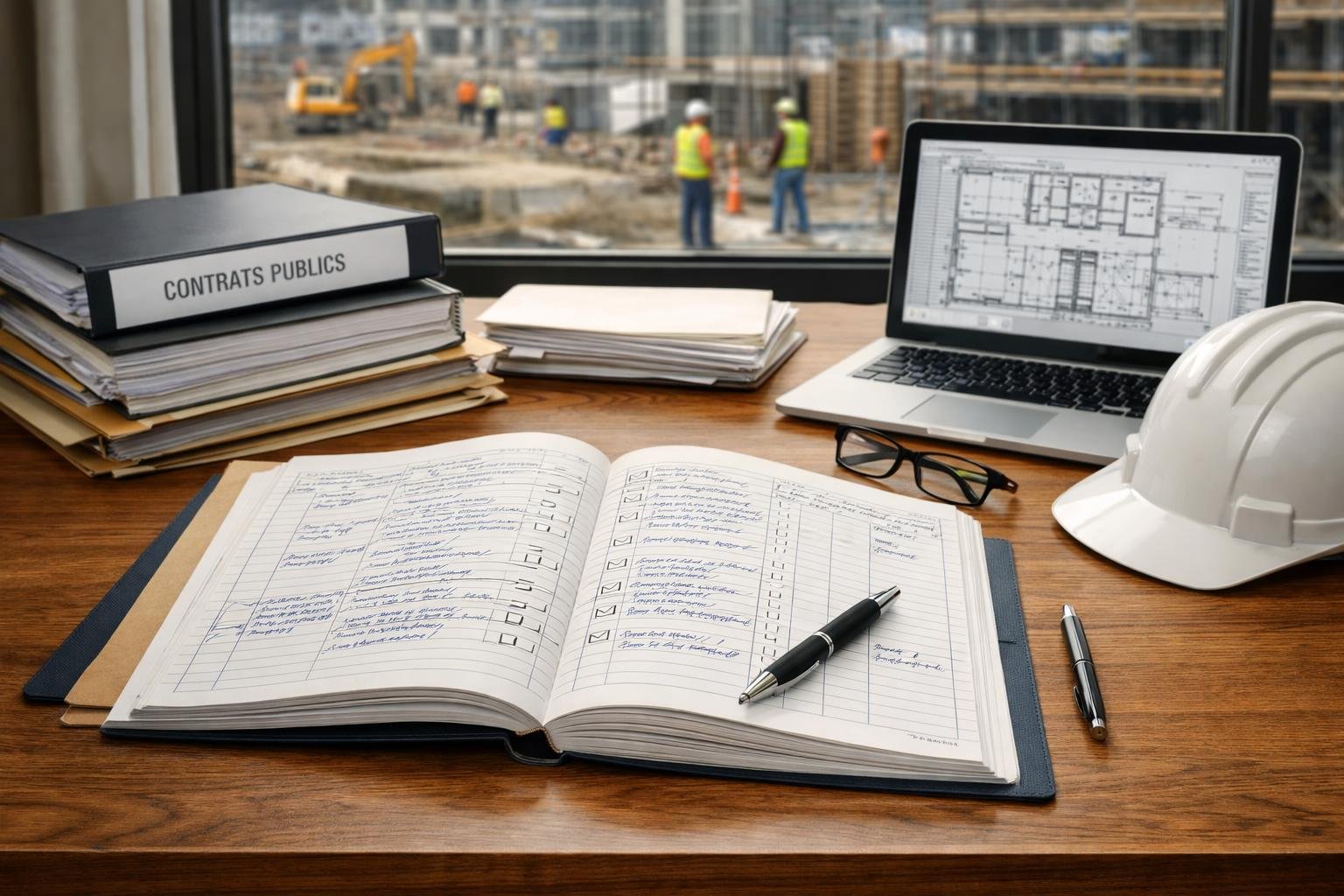 Un bureau de chantier avec un registre ouvert, des documents officiels, un casque de sécurité et un ordinateur portable, avec un chantier actif visible à travers une fenêtre.