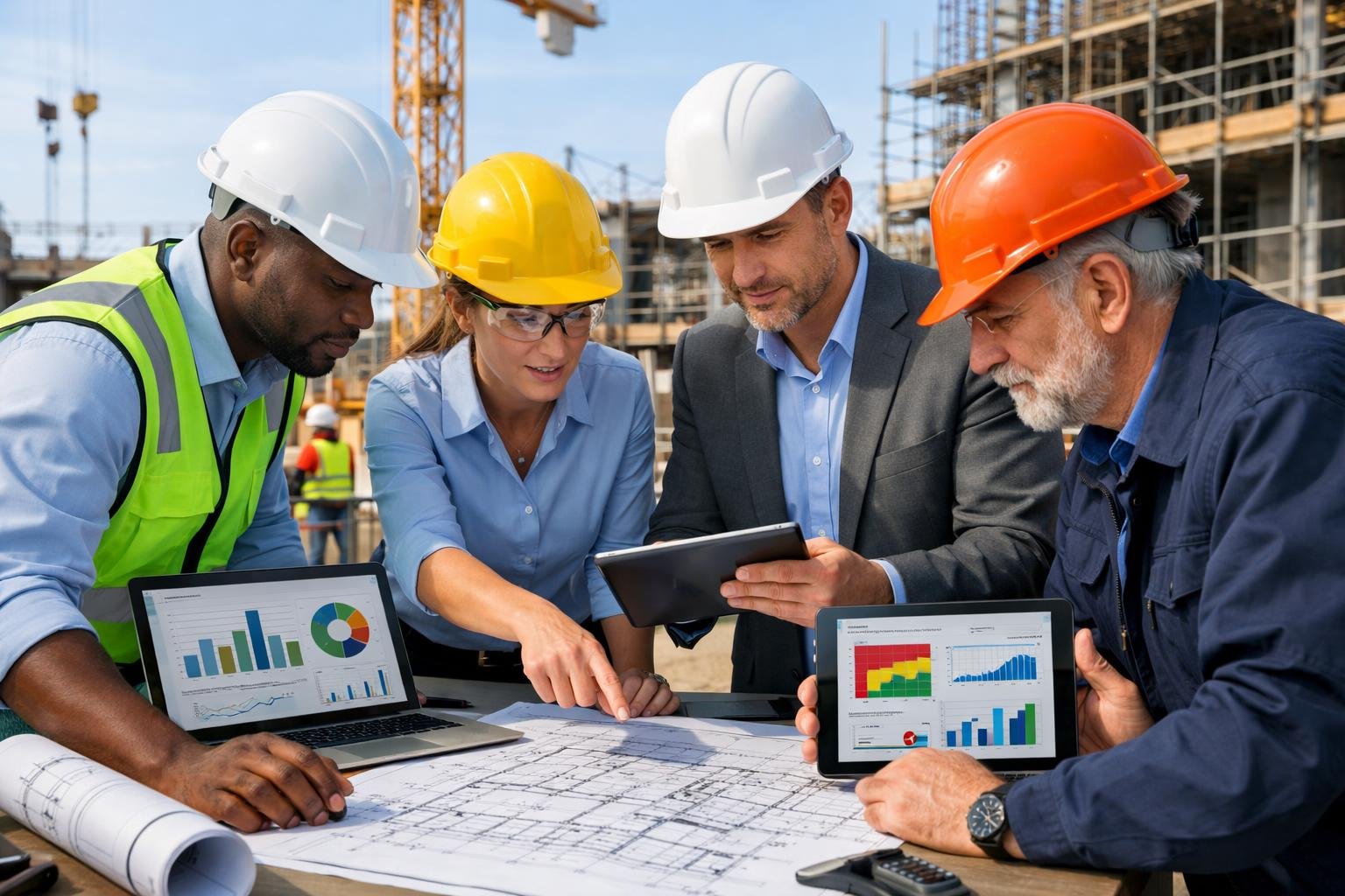 Des professionnels sur un chantier examinent des plans et des tablettes numériques avec un chantier actif en arrière-plan.
