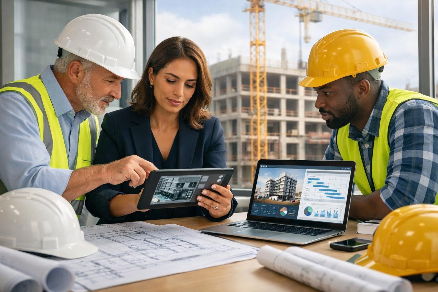 Des professionnels du chantier collaborent autour d'une tablette numérique avec un bâtiment en construction en arrière-plan.