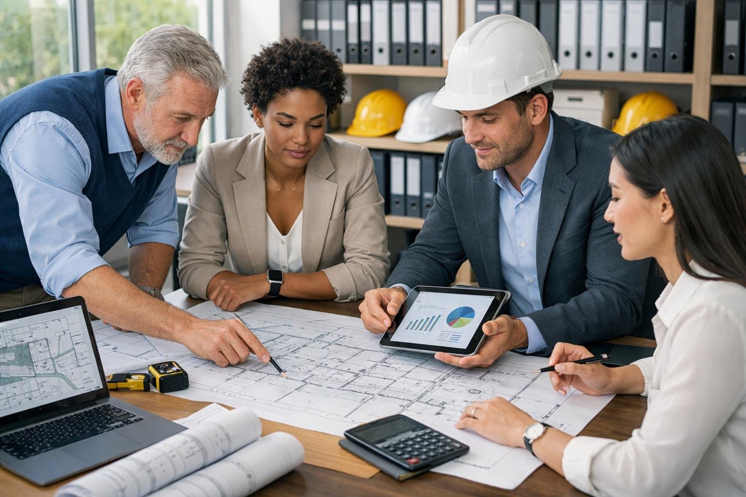 Des professionnels collaborent autour d'une table avec des plans et des tablettes dans un bureau lumineux lié à la gestion de chantier et aux marchés publics.