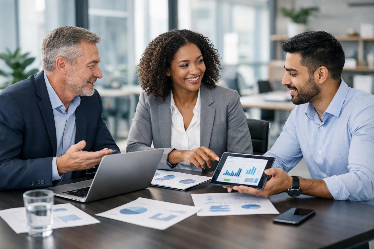 Trois professionnels en réunion autour d'une table de conférence dans un bureau moderne, discutant et travaillant ensemble.