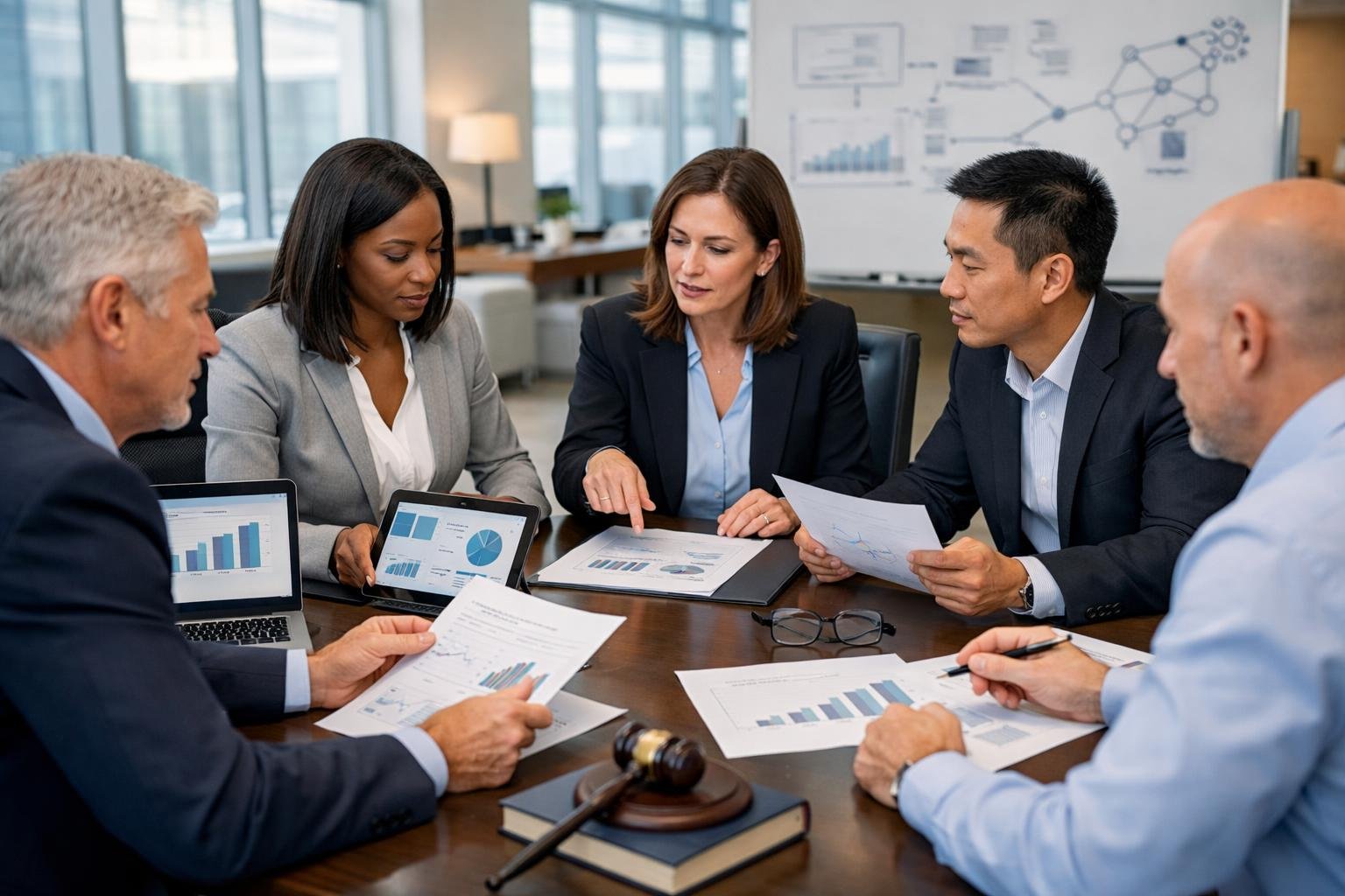 Des professionnels en réunion dans un bureau moderne, examinant des documents et des tablettes lors d'une discussion sur les marchés publics.