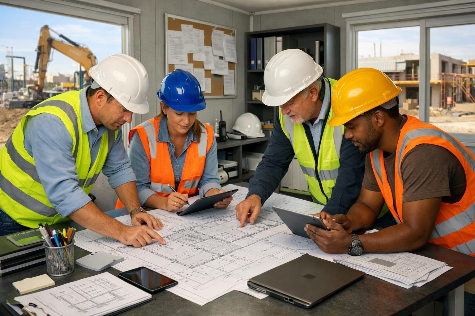 Un bureau de chantier avec des ouvriers en équipement de sécurité examinant des plans et des documents, avec des machines et des structures en construction en arrière-plan.