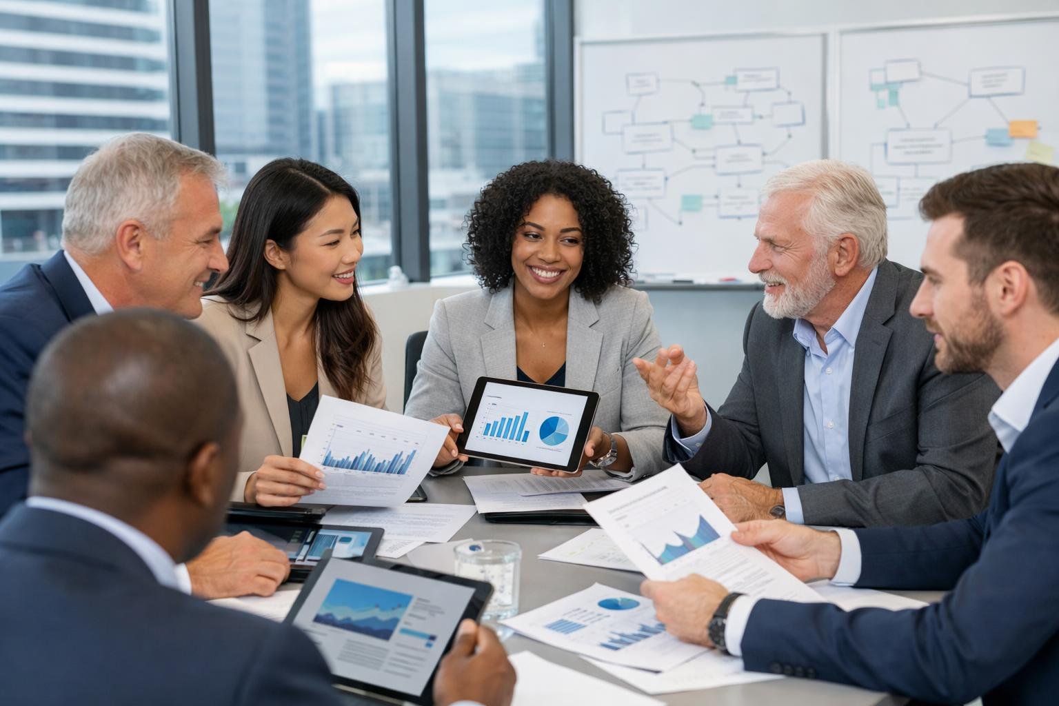 Un groupe diversifié de professionnels en réunion autour d'une table dans un bureau moderne, discutant et examinant des documents et des graphiques.