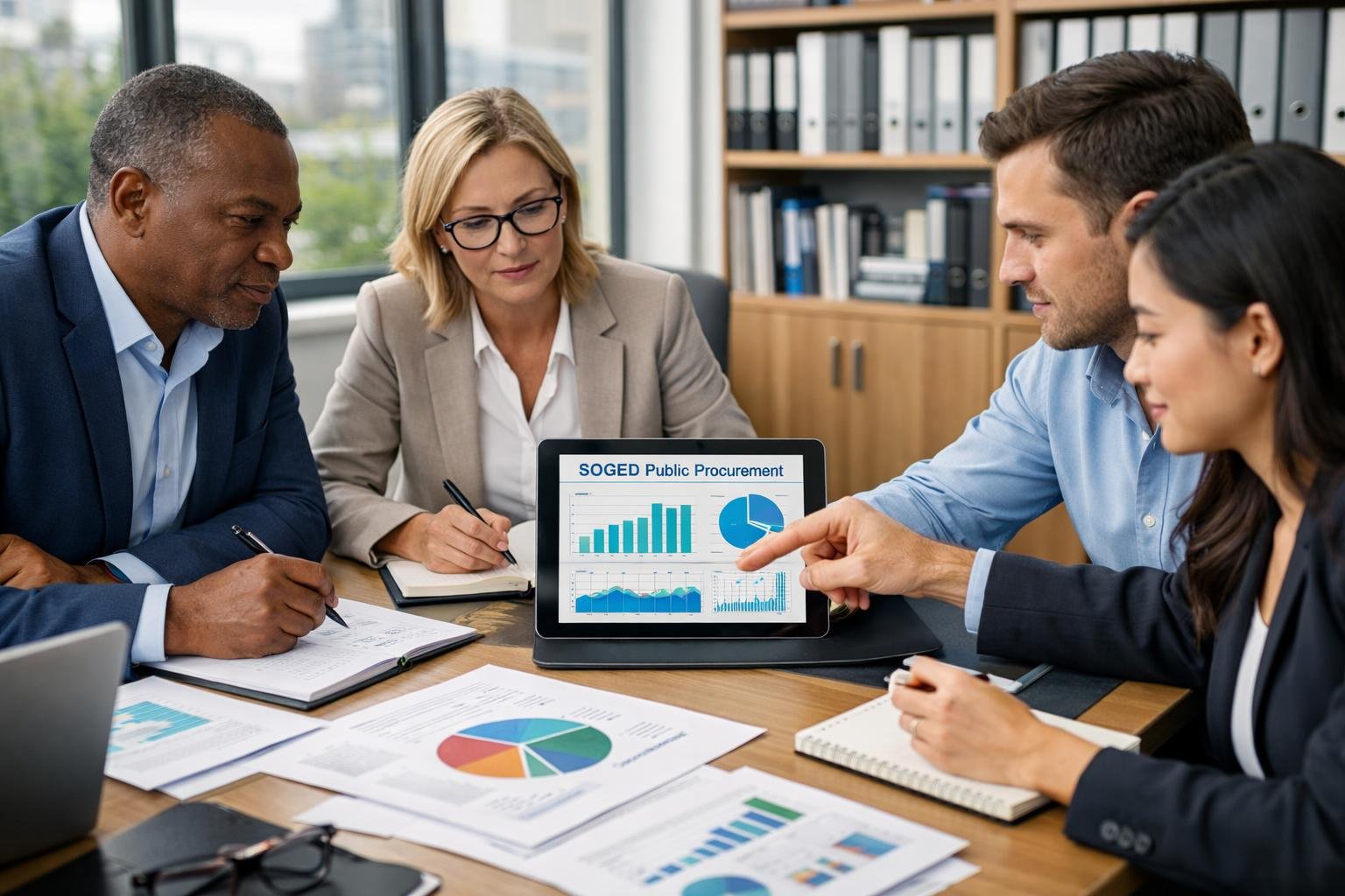 Un groupe de professionnels en réunion dans une salle de conférence, travaillant ensemble sur des documents et des appareils numériques.