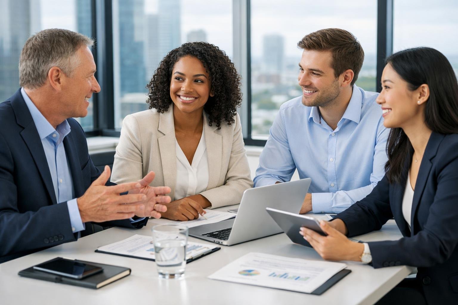 Des professionnels en réunion autour d'une table de conférence dans un bureau moderne et lumineux.