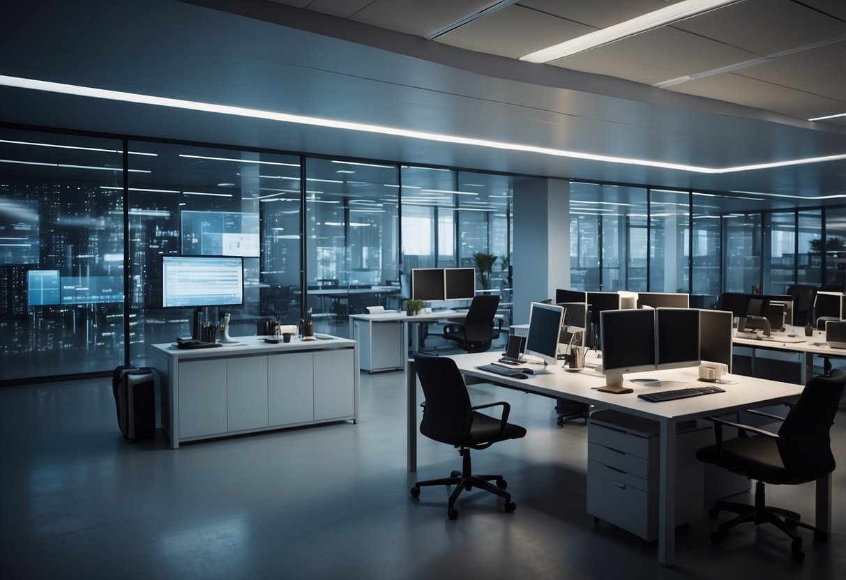 A modern office with transparent screens displaying innovative e-administration processes